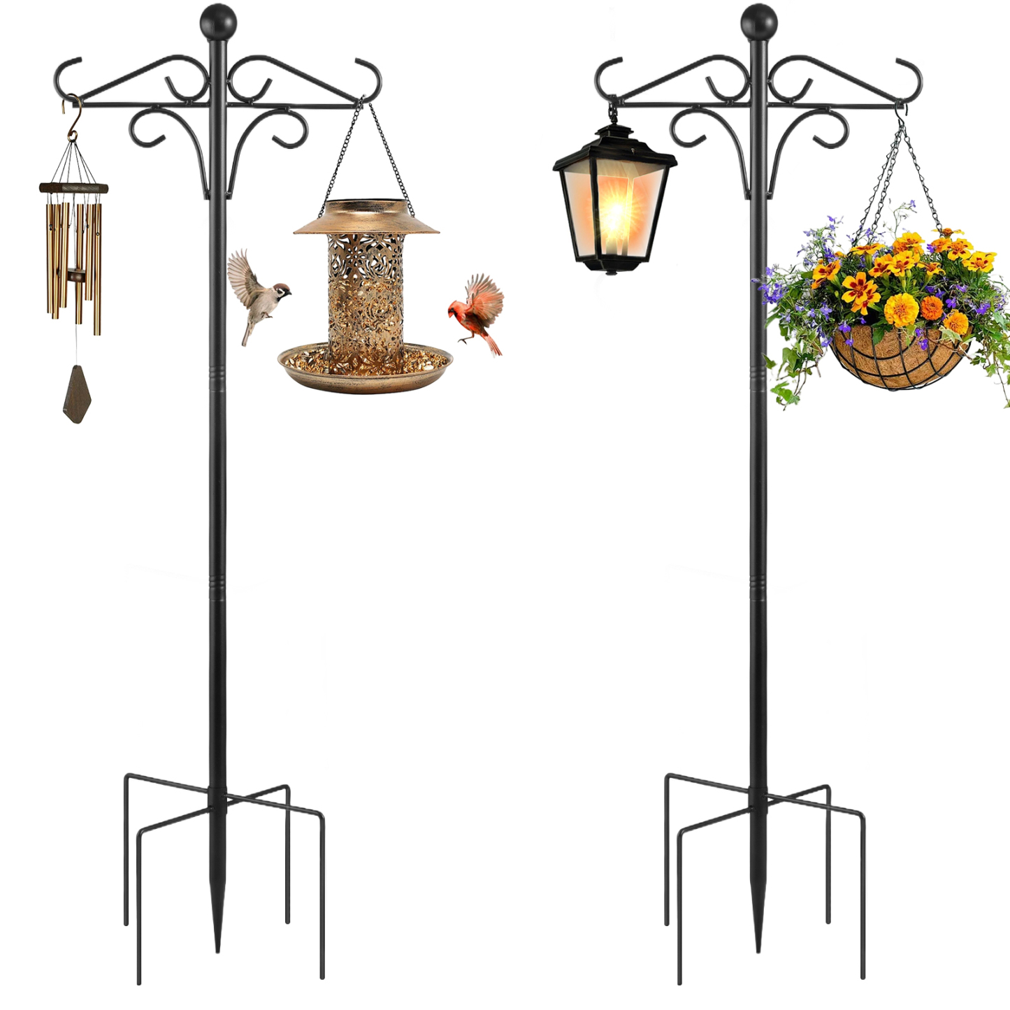 urorentea 2 Pack 108" Double Shepherds Hooks for Outdoor, Heavy Duty Bird Feeder Pole with 5 Prong Base, Thickened Shepherd Hook for Hanging Plants, Hummingbird Feeder, Lanterns
