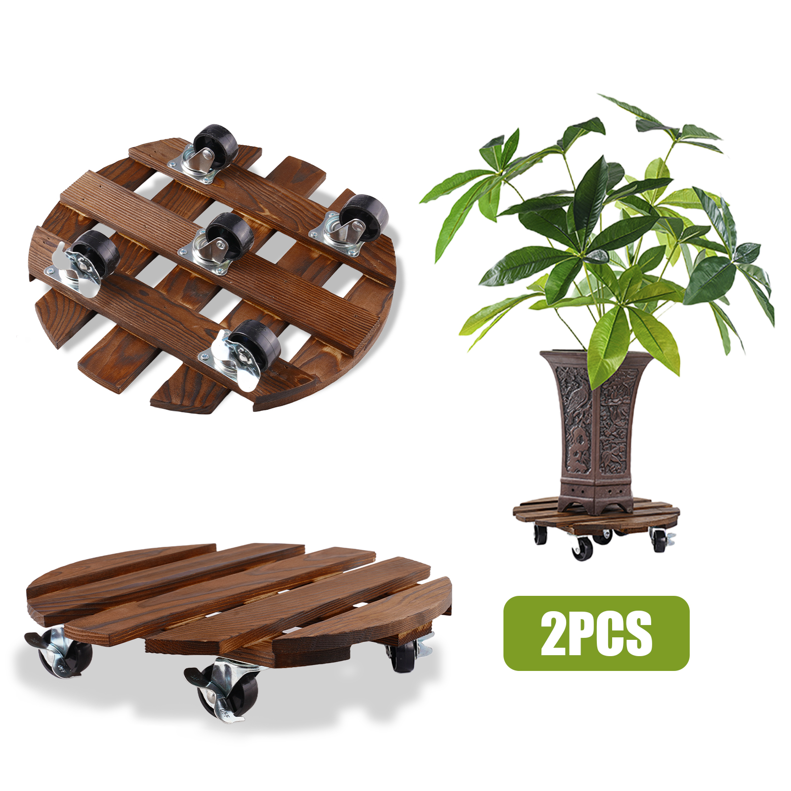 urorentea 2 Pack 14inch Wooden Plant Caddy with 5 Wheels, Rolling Plant Stand with 360° Caster Wheels, Thicken Wood Plant Dolly for Indoor Outdoor, Round Plant Rollers Tray for Large Plants & Pots