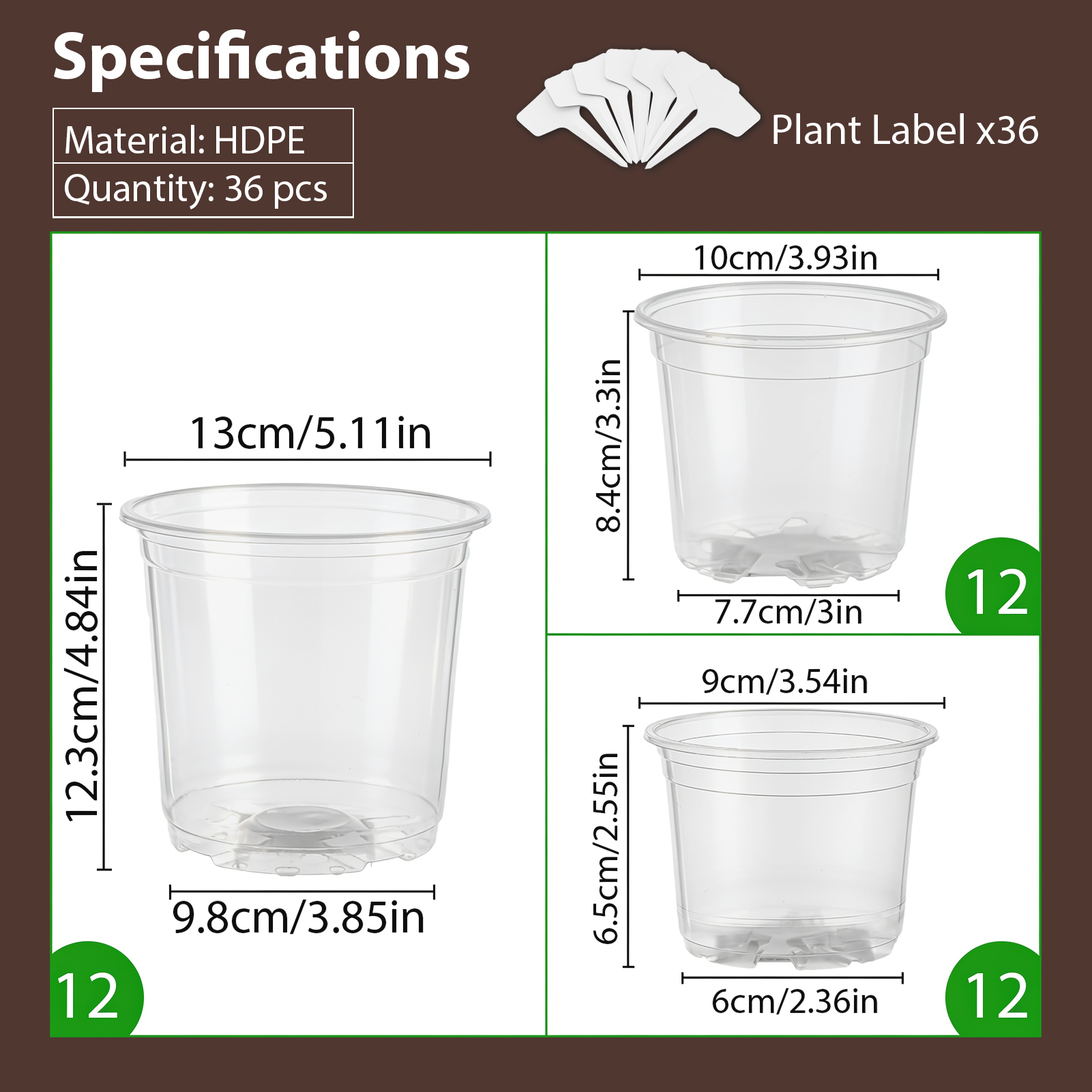 urorentea 36 Pack 3.5/4/5 inch Clear Nursery Pot, Plastic Plant Pots with Drainage Holes, Transparent Variety Pack Seed Starting Pots for Indoor Outdoor Plants with 36 Plant Labels