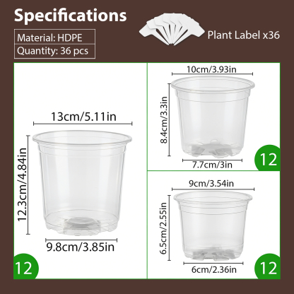 urorentea 36 Pack 3.5/4/5 inch Clear Nursery Pot, Plastic Plant Pots with Drainage Holes, Transparent Variety Pack Seed Starting Pots for Indoor Outdoor Plants with 36 Plant Labels