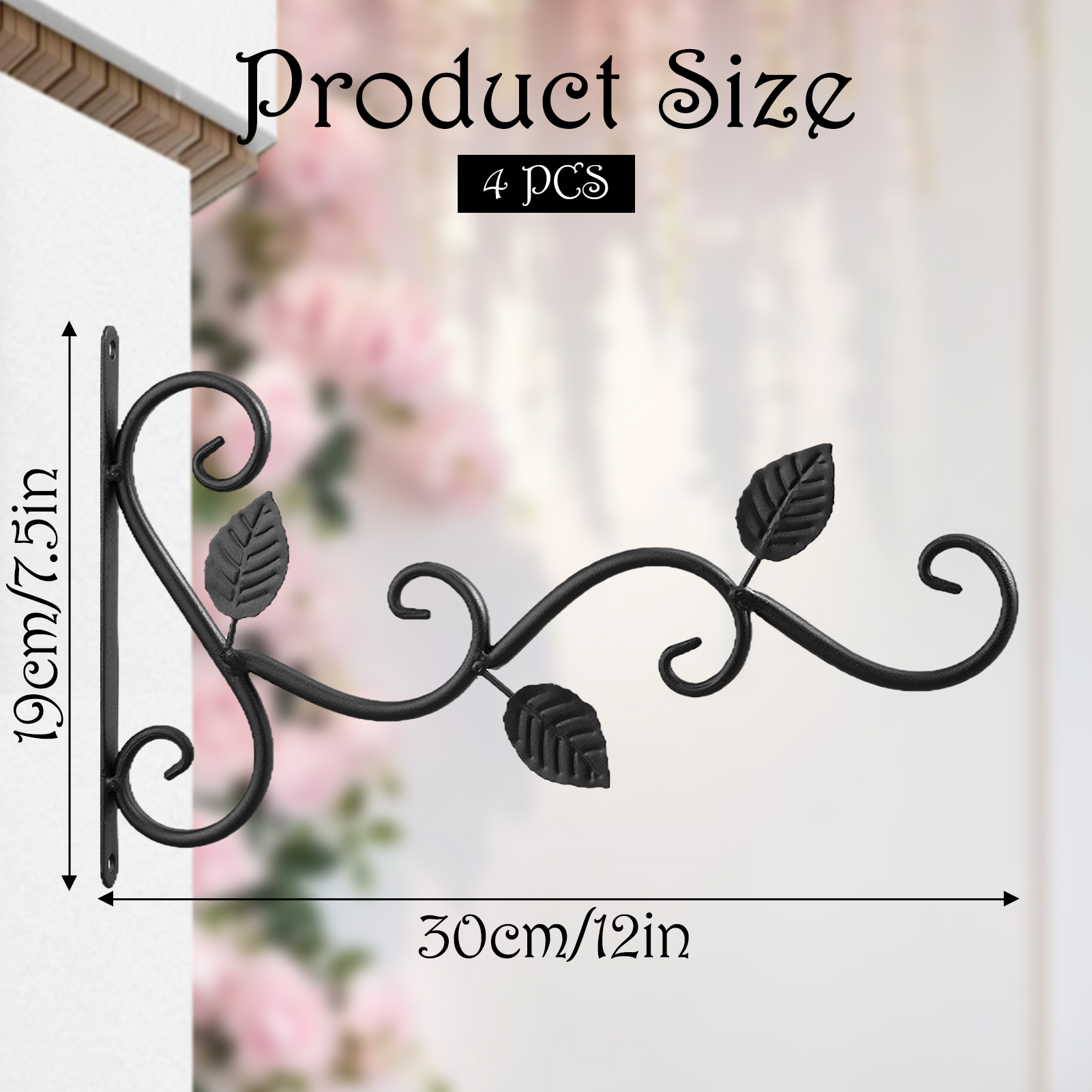 urorentea 4 Pcs Metal Hanging Hook Plants Brackets, 12 inch Iron Wall Mount Bracket, Durable Rust-Resistant Leaf Black Plant Hanger Hook for Hanging Plants Bird Feeder Lantern Wind Chimes