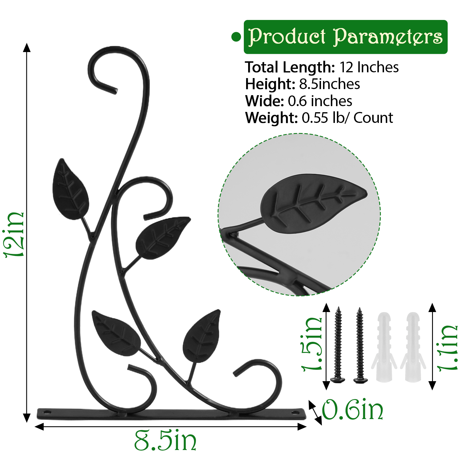 urorentea 4 Pcs Metal Hanging Plant Bracket, 12 inch Iron Wall Mount Bracket, Bold Rust-Resistant Leaf Black Plant Hanger Hook for Hanging Plants Bird Feeder Lantern Wind Chimes