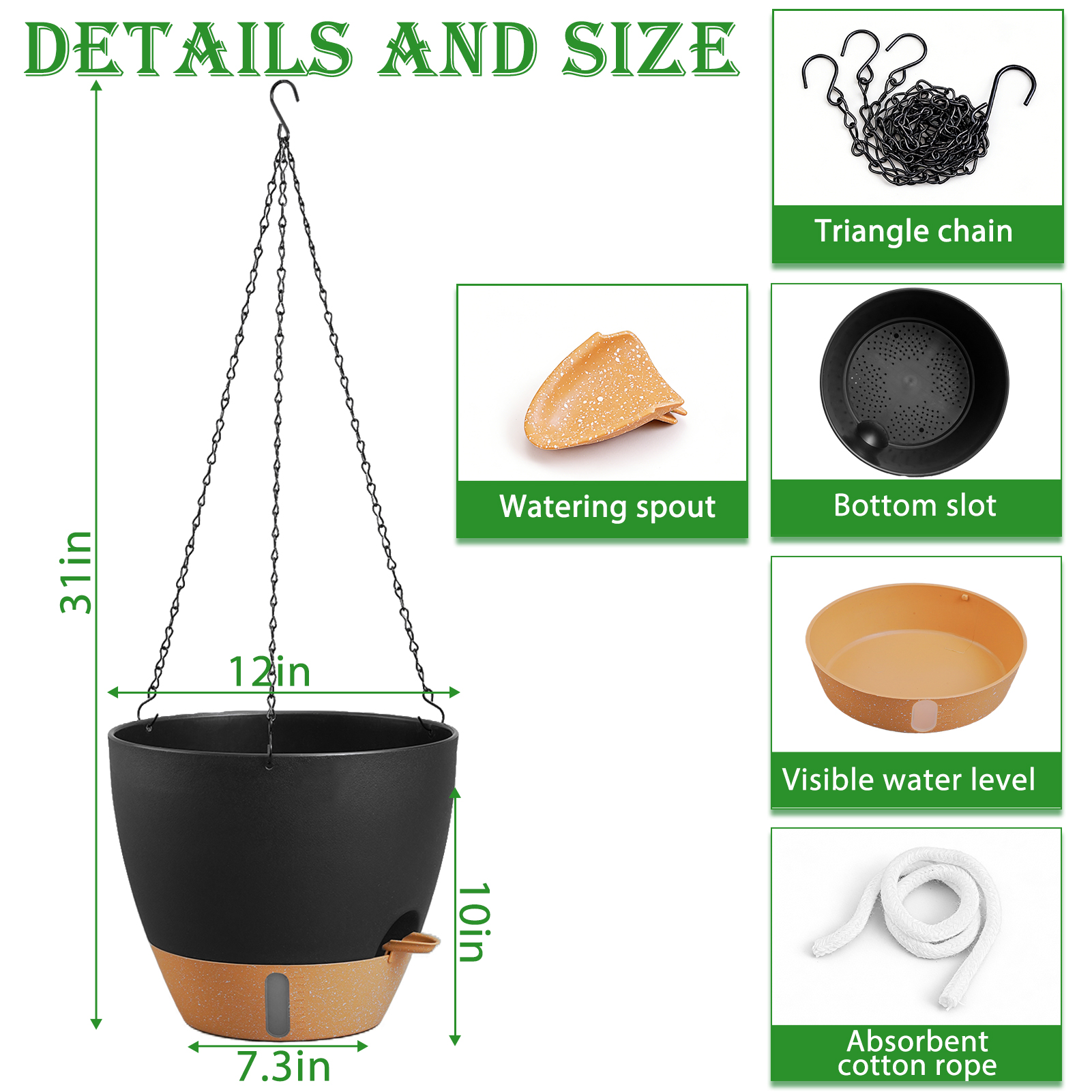 urorentea 3 Pack 12 Inch Self-Watering Hanging Planters, with Visible and Removable Saucer, Watering Lip, Drainage Holes, Hanging Flower Pot for Indoor&Outdoor Plants