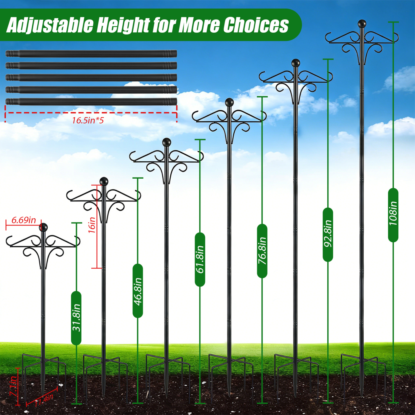 urorentea 2 Pack 108" Double Shepherds Hooks for Outdoor, Heavy Duty Bird Feeder Pole with 5 Prong Base, Thickened Shepherd Hook for Hanging Plants, Hummingbird Feeder, Lanterns