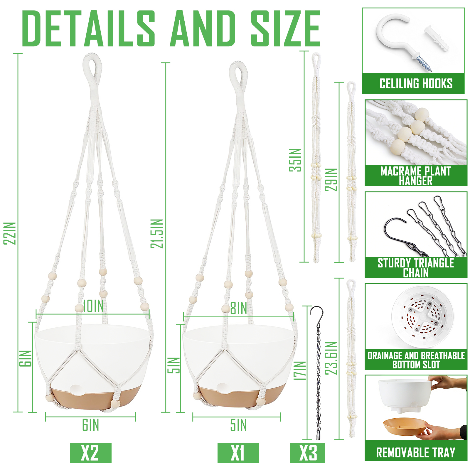 urorentea 3 Pack Self-Watering Hanging Planters, 10＋10＋8 Hanging Plant Pots with Macrame Hangers, Ceiling Hooks, Removable Saucer and Drainage Holes for Indoor & Outdoor Plants