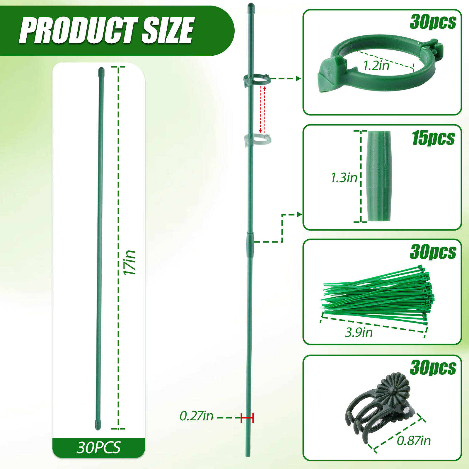 urorentea 30 Pack Plant Support Stakes, 17" Height Adjustable Garden Stakes Kit with Clips, Connectors & Ties, Durable Plant Support Kit for Indoor/Outdoor Orchid, Tomato, Flowers