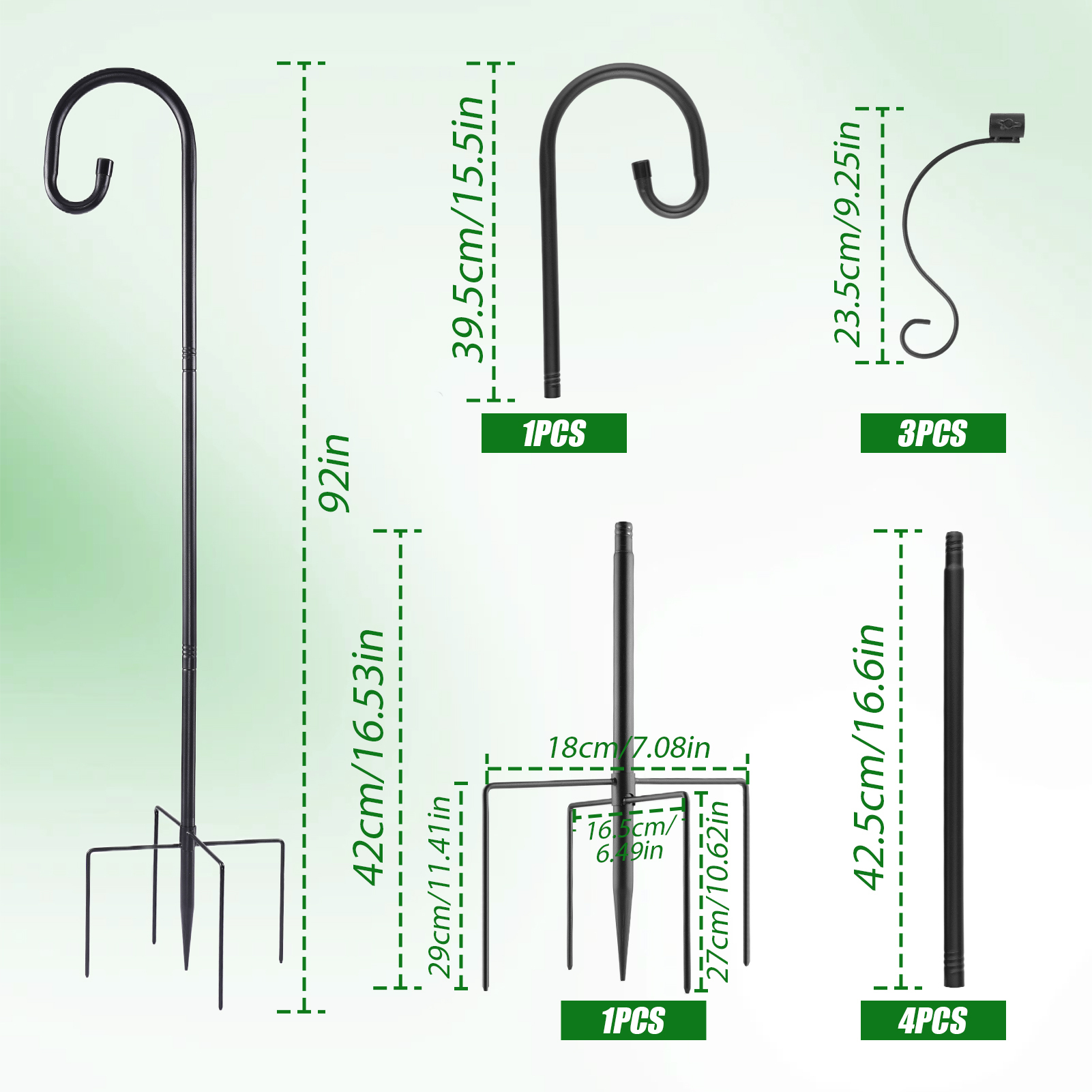 urorentea 2 Pack 92" Shepherds Hooks for Outdoor, 4 Hook Bird Feeder Poles, Heavy Duty Shepherds Hooks with 5 Prongs Base, Adjustable Garden Hook for Hanging Plant, Bird Feeders