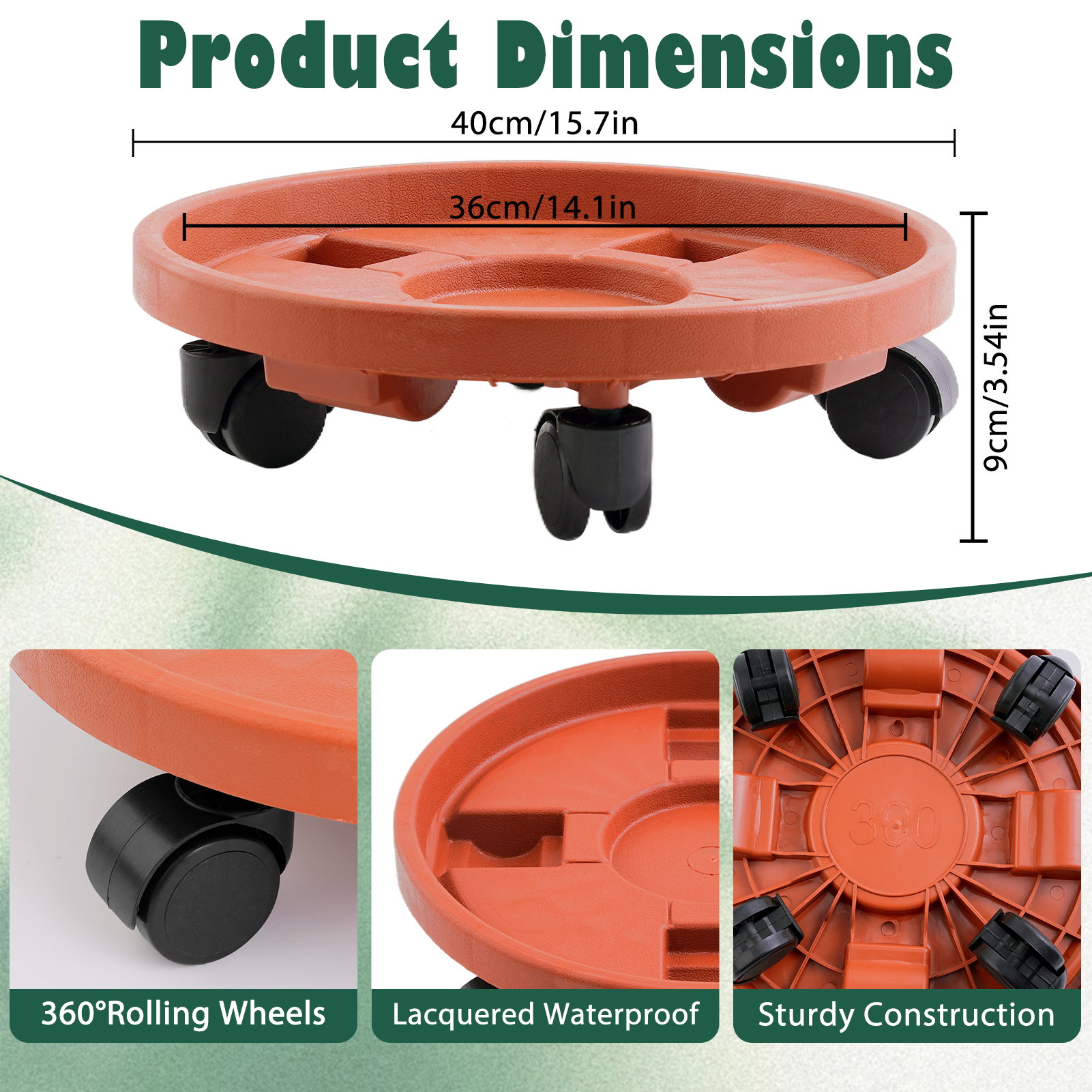 urorentea 4 Pack 16 inch Heavy duty Plant Caddy with Wheels, Large Planter Saucer Tray with Rollers, Round Flower Pot with Casters, Plastic Plant Tray on Wheels for Indoor Outdoor