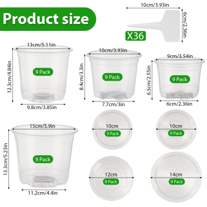 urorentea 36Pack 3.5/4/5/6 inch Clear Nursery Pot with Saucers, Plastic Seedling Pots with Drainage Hole, Transparent Plant Pot for Seed Starting, Transplanting with 36 Pcs Plant Labels