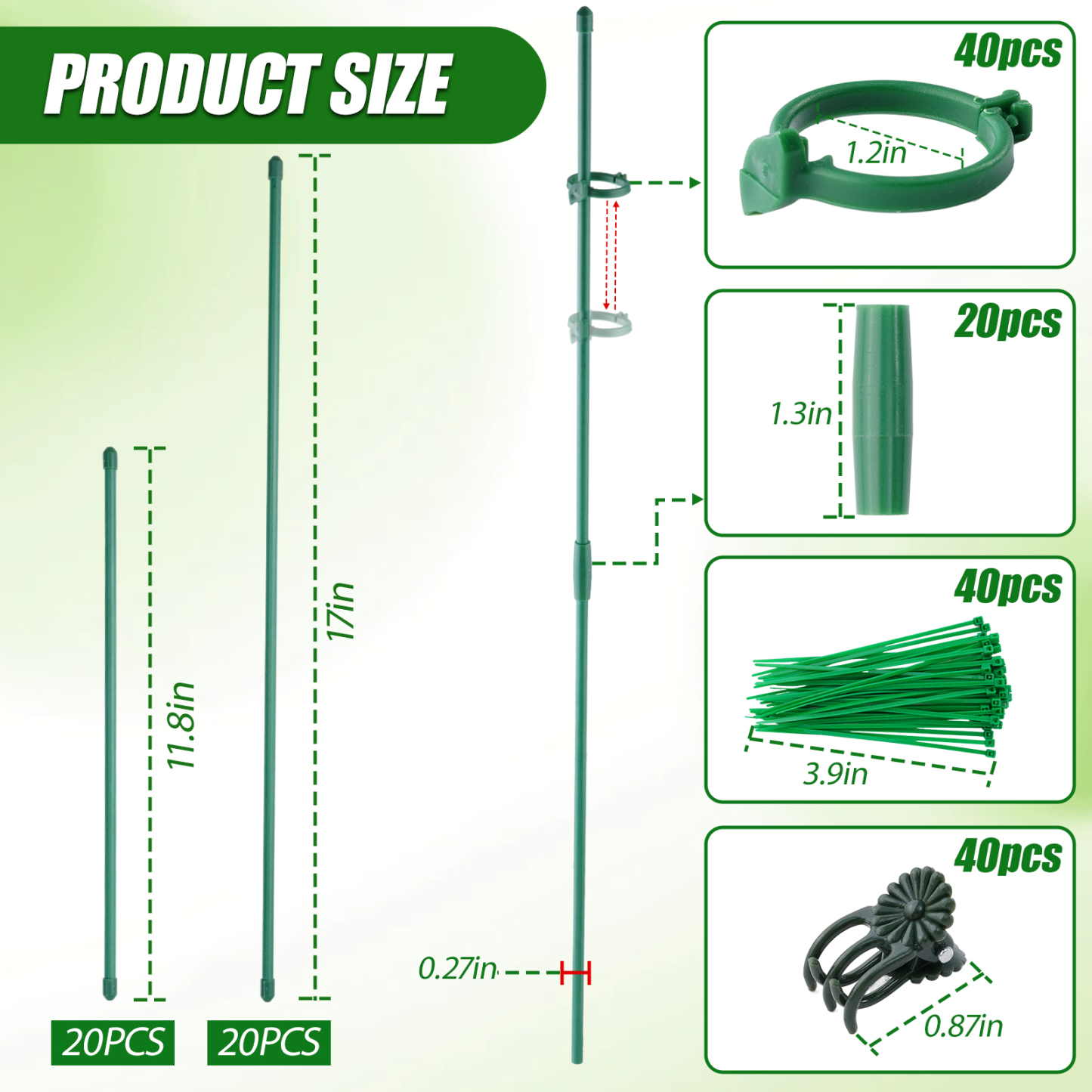 urorentea 40 Pcs Plant Support Stakes Set, Includes 11" and 17" Height-Adjustable Garden Stakes with Clips, Ties & Connecting Pipes, for Indoor Outdoor Tomatoes, Peppers and Flowers