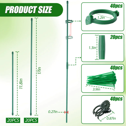 urorentea 40 Pcs Plant Support Stakes Set, Includes 11" and 17" Height-Adjustable Garden Stakes with Clips, Ties & Connecting Pipes, for Indoor Outdoor Tomatoes, Peppers and Flowers