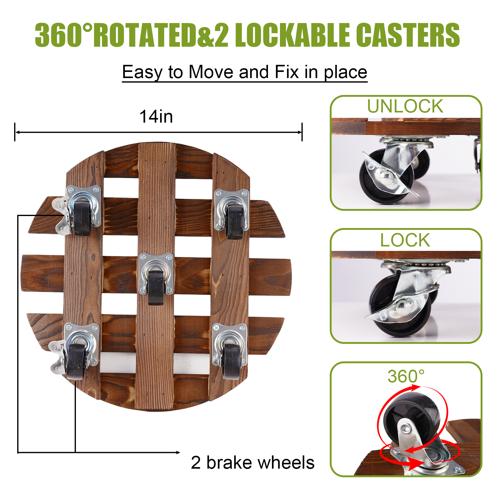 urorentea 2 Pack 14inch Wooden Plant Caddy with 5 Wheels, Rolling Plant Stand with 360° Caster Wheels, Thicken Wood Plant Dolly for Indoor Outdoor, Round Plant Rollers Tray for Large Plants & Pots