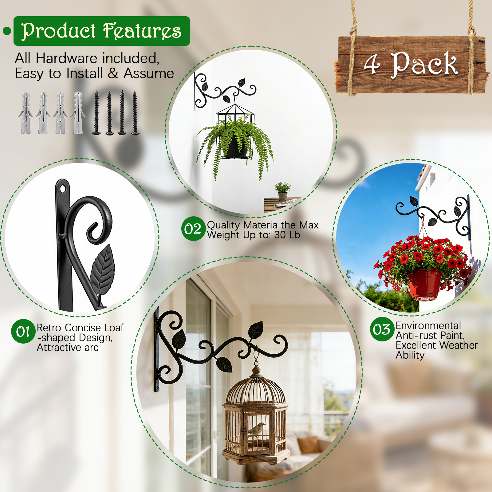 urorentea 4 Pcs Metal Hanging Hook Plants Brackets, 12 inch Iron Wall Mount Bracket, Durable Rust-Resistant Leaf Black Plant Hanger Hook for Hanging Plants Bird Feeder Lantern Wind Chimes