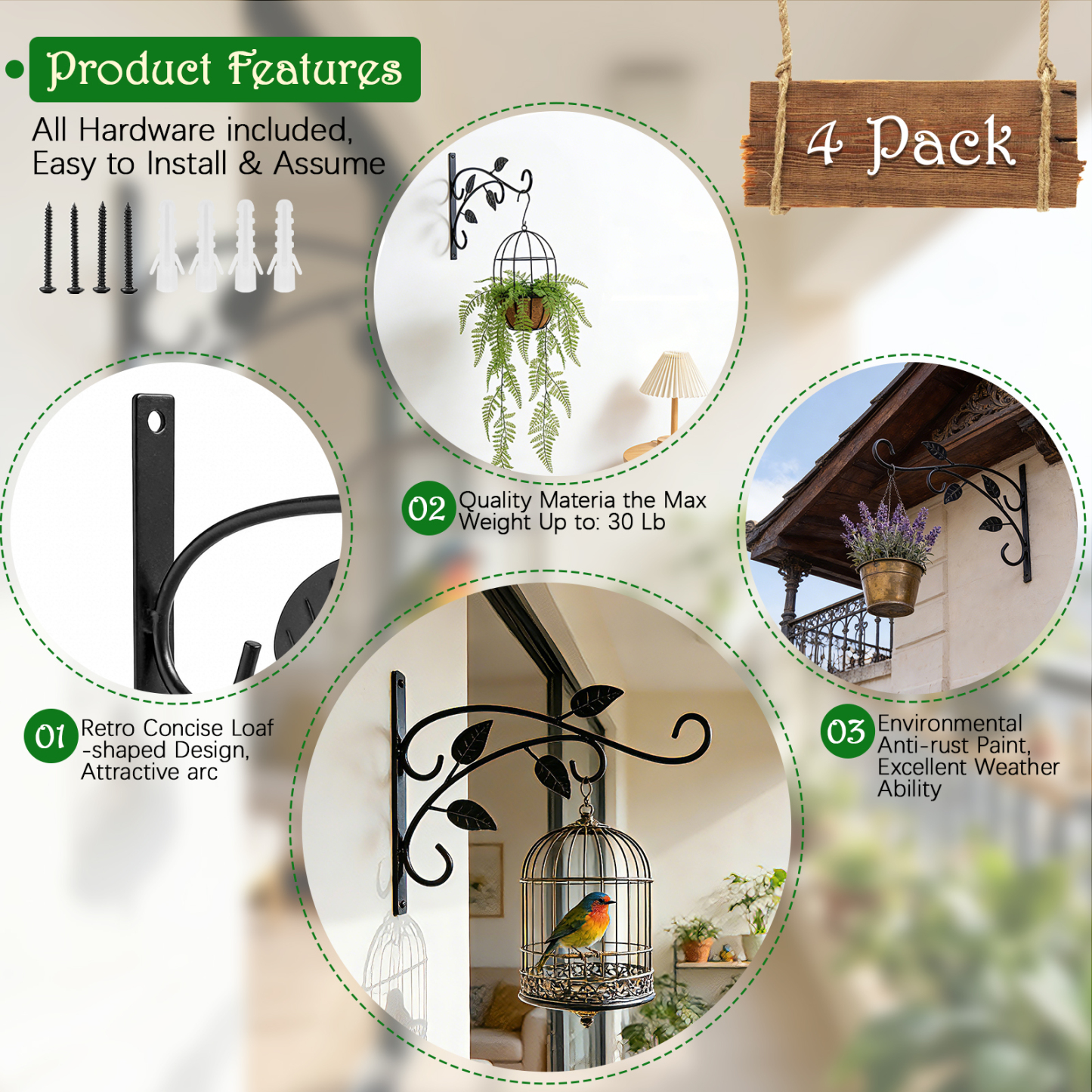 urorentea 4 Pcs Metal Hanging Plant Bracket, 12 inch Iron Wall Mount Bracket, Bold Rust-Resistant Leaf Black Plant Hanger Hook for Hanging Plants Bird Feeder Lantern Wind Chimes