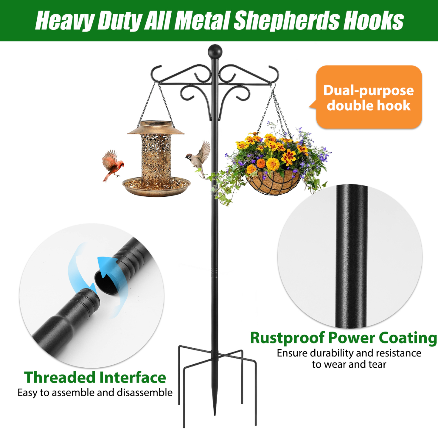 urorentea 2 Pack 108" Double Shepherds Hooks for Outdoor, Heavy Duty Bird Feeder Pole with 5 Prong Base, Thickened Shepherd Hook for Hanging Plants, Hummingbird Feeder, Lanterns