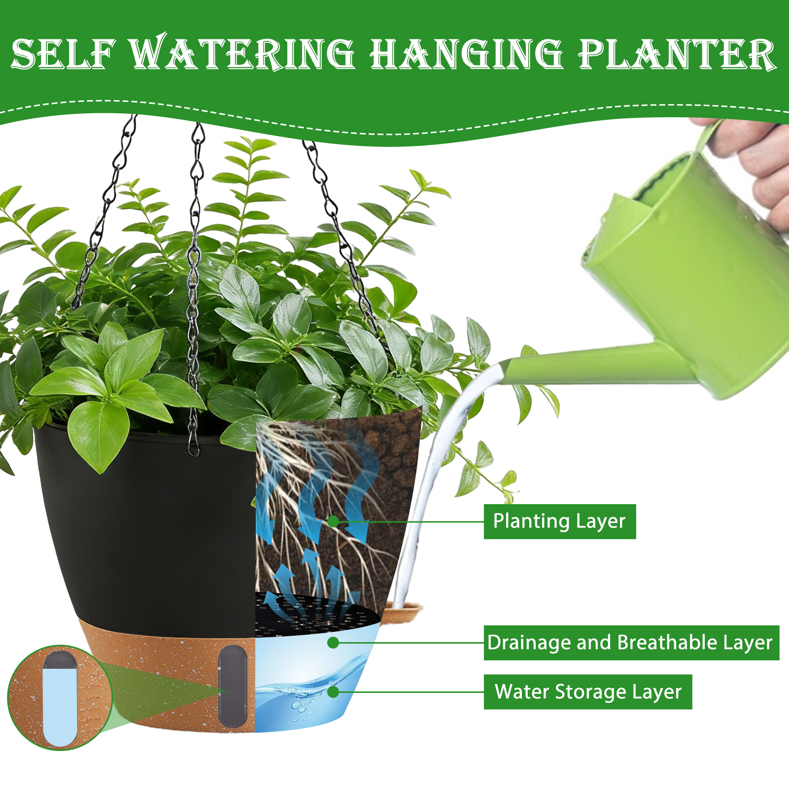 urorentea 2 Pack 12 Inch Self-Watering Hanging Planters, with Visible and Removable Saucer, Watering Lip, Drainage Holes, Hanging Flower Pot for Indoor&Outdoor Plants