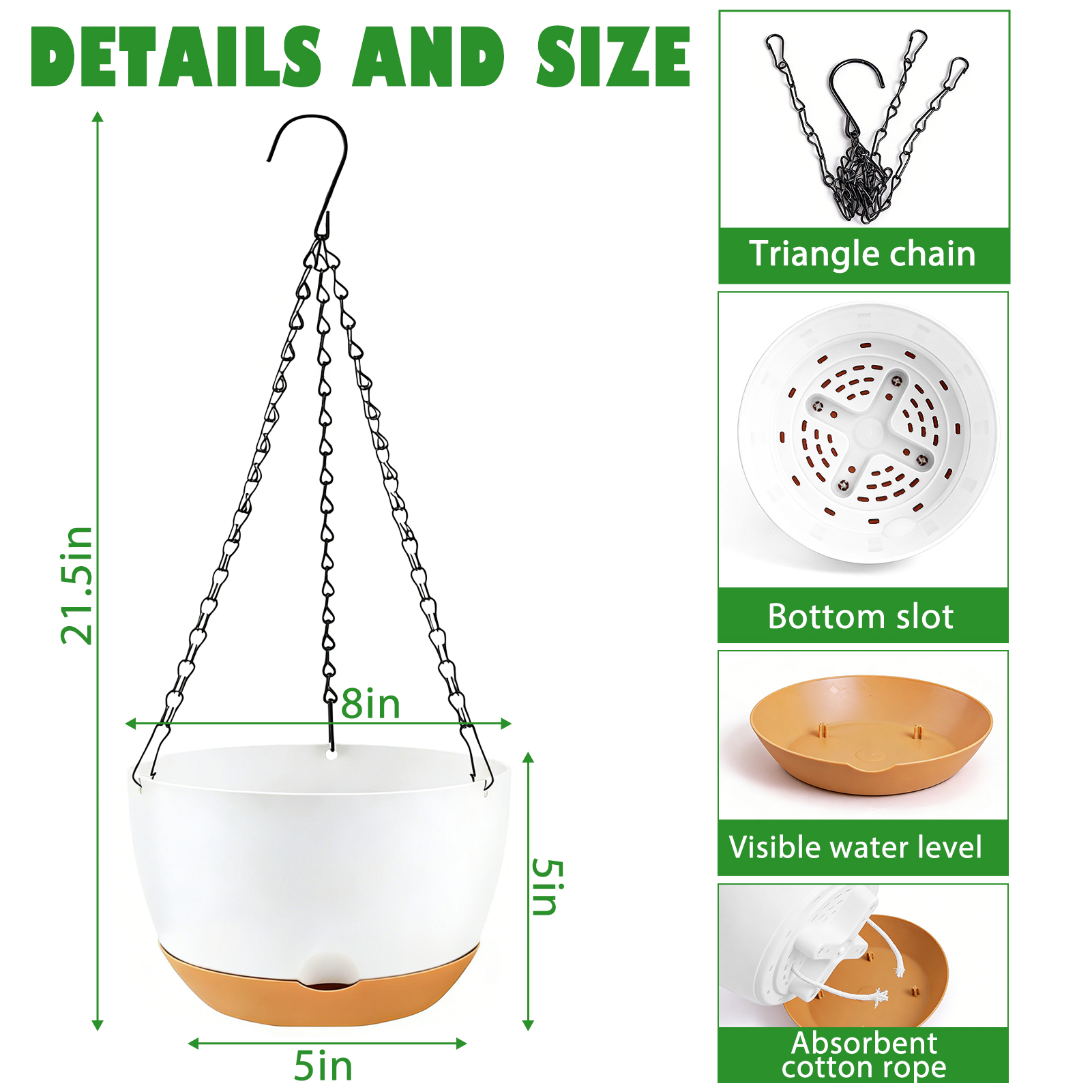 urorentea 4 Pack 8" Self-Watering Hanging Planters with Drainage Holes & Removable Saucer, Hanging Flower Pots for Indoor Outdoor Plants