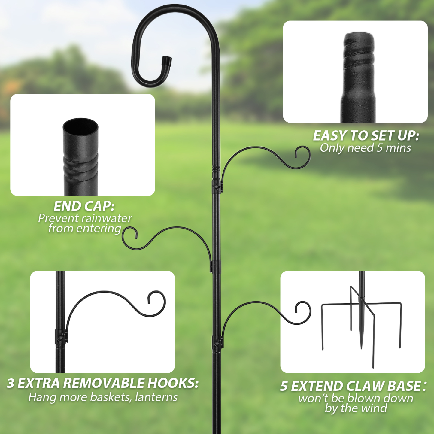 urorentea 2 Pack 92" Shepherds Hooks for Outdoor, 4 Hook Bird Feeder Poles, Heavy Duty Shepherds Hooks with 5 Prongs Base, Adjustable Garden Hook for Hanging Plant, Bird Feeders