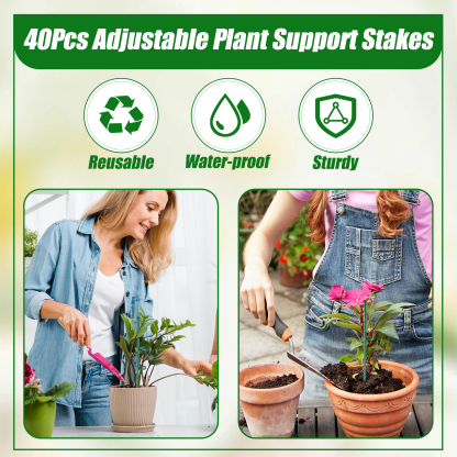 urorentea 40 Pcs Plant Support Stakes Set, Includes 11" and 17" Height-Adjustable Garden Stakes with Clips, Ties & Connecting Pipes, for Indoor Outdoor Tomatoes, Peppers and Flowers