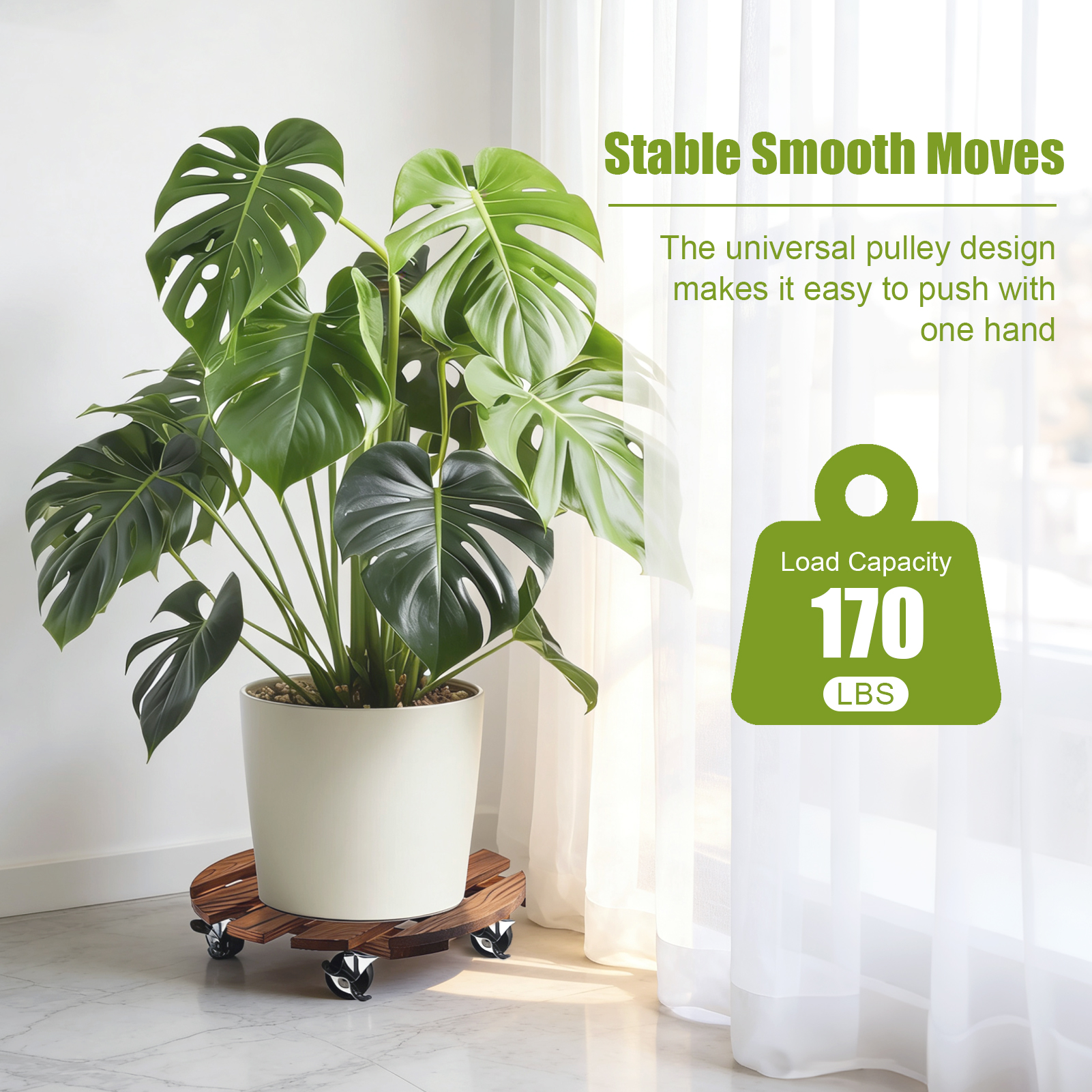 urorentea 2 Pack 16inch Wooden Plant Caddy with 4 Wheels, Heavy Duty Round Plant Dolly Rollers with Lockable Casters for Outdoor Indoor, Rolling Plant Stand for Large Plant Pots, Flower Pot, Patio