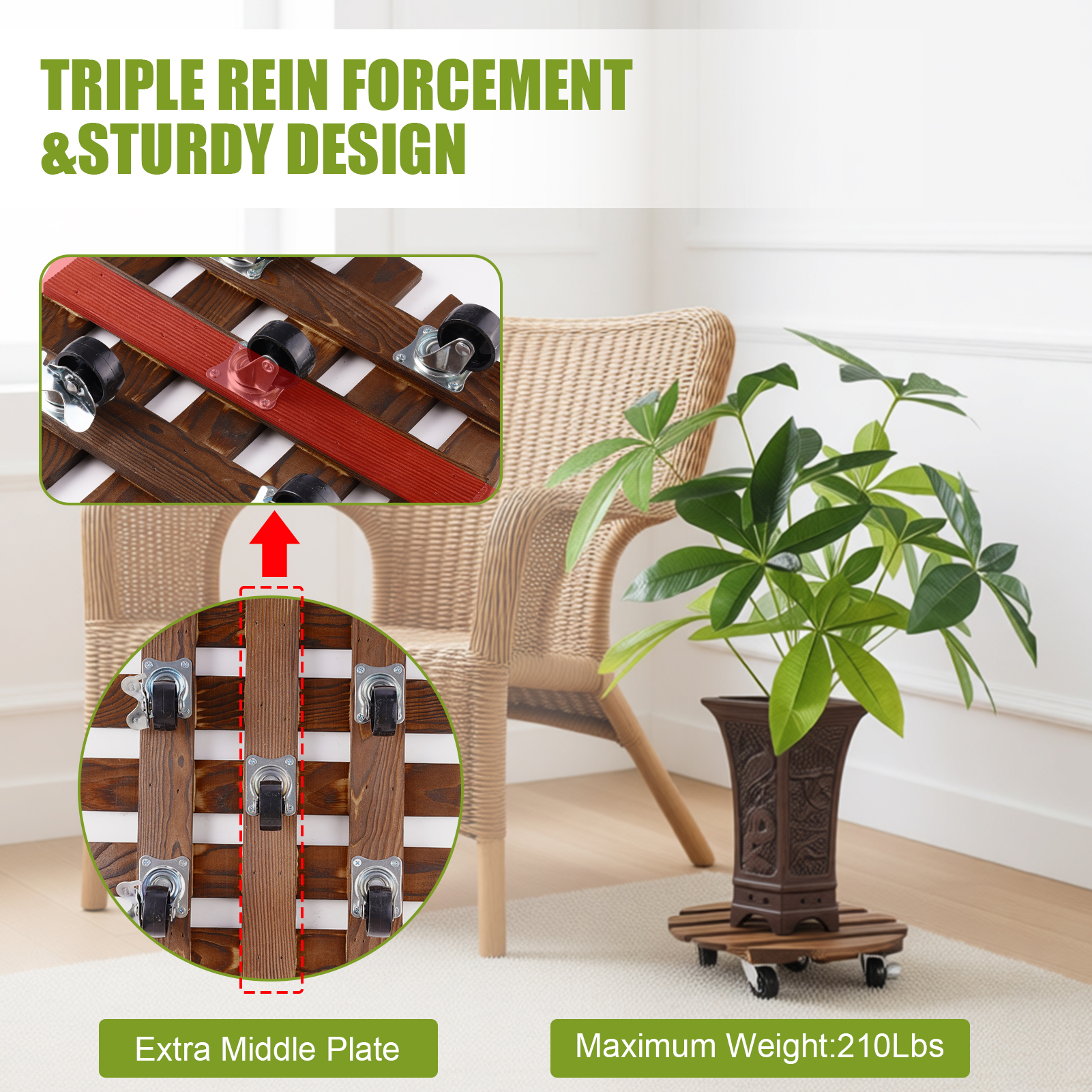 urorentea 2 Pack 16inch Wooden Plant Caddy with 5 Wheels, Rolling Plant Stand with 360° Caster Wheels, Thicken Wood Plant Dolly for Indoor Outdoor, Round Plant Rollers Tray for Large Plants & Pots