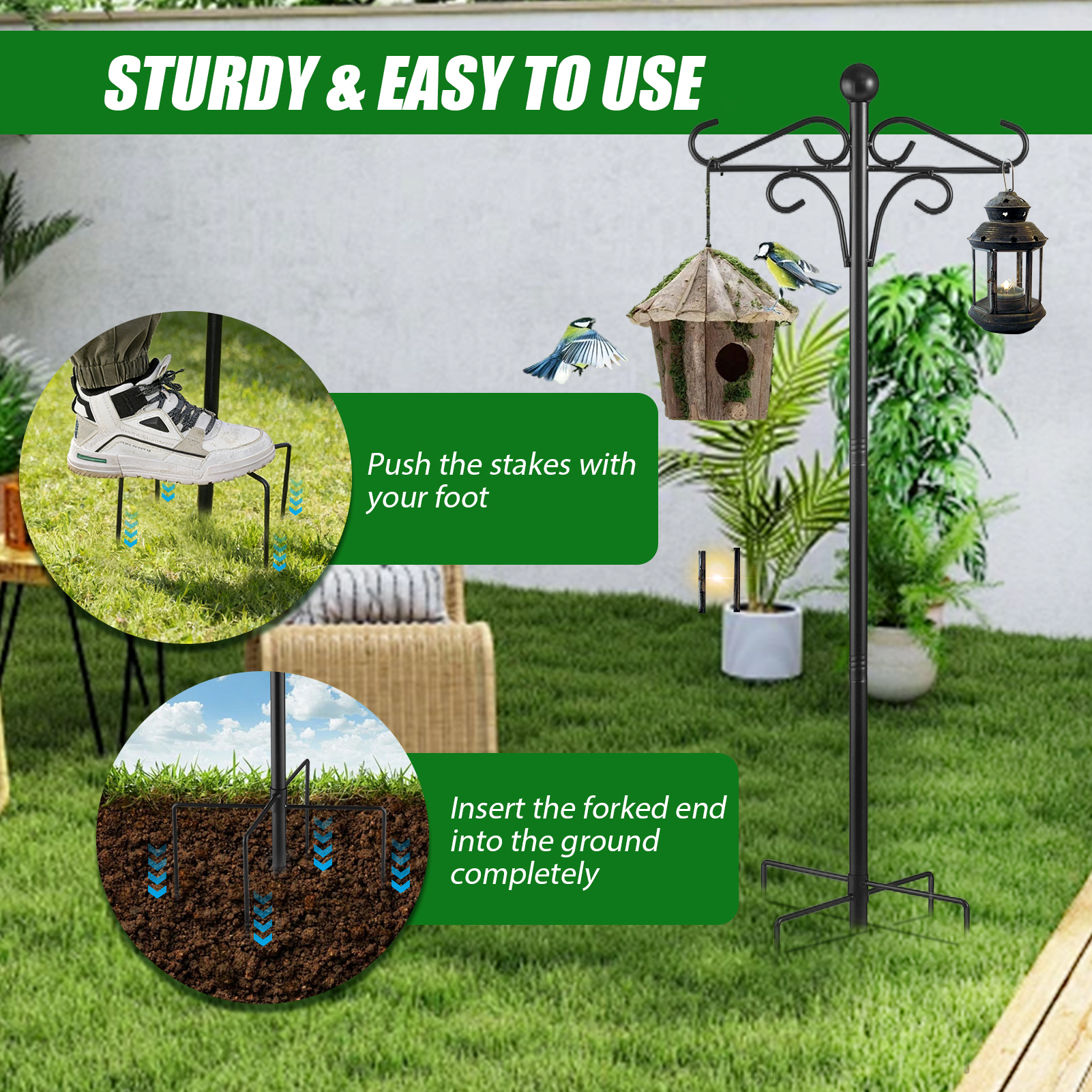 urorentea 2 Pack 108" Double Shepherds Hooks for Outdoor, Heavy Duty Bird Feeder Pole with 5 Prong Base, Thickened Shepherd Hook for Hanging Plants, Hummingbird Feeder, Lanterns