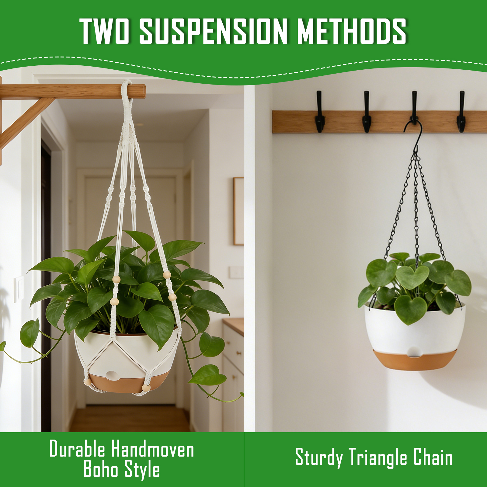 urorentea 3 Pack Self-Watering Hanging Planters, 10＋10＋8 Hanging Plant Pots with Macrame Hangers, Ceiling Hooks, Removable Saucer and Drainage Holes for Indoor & Outdoor Plants