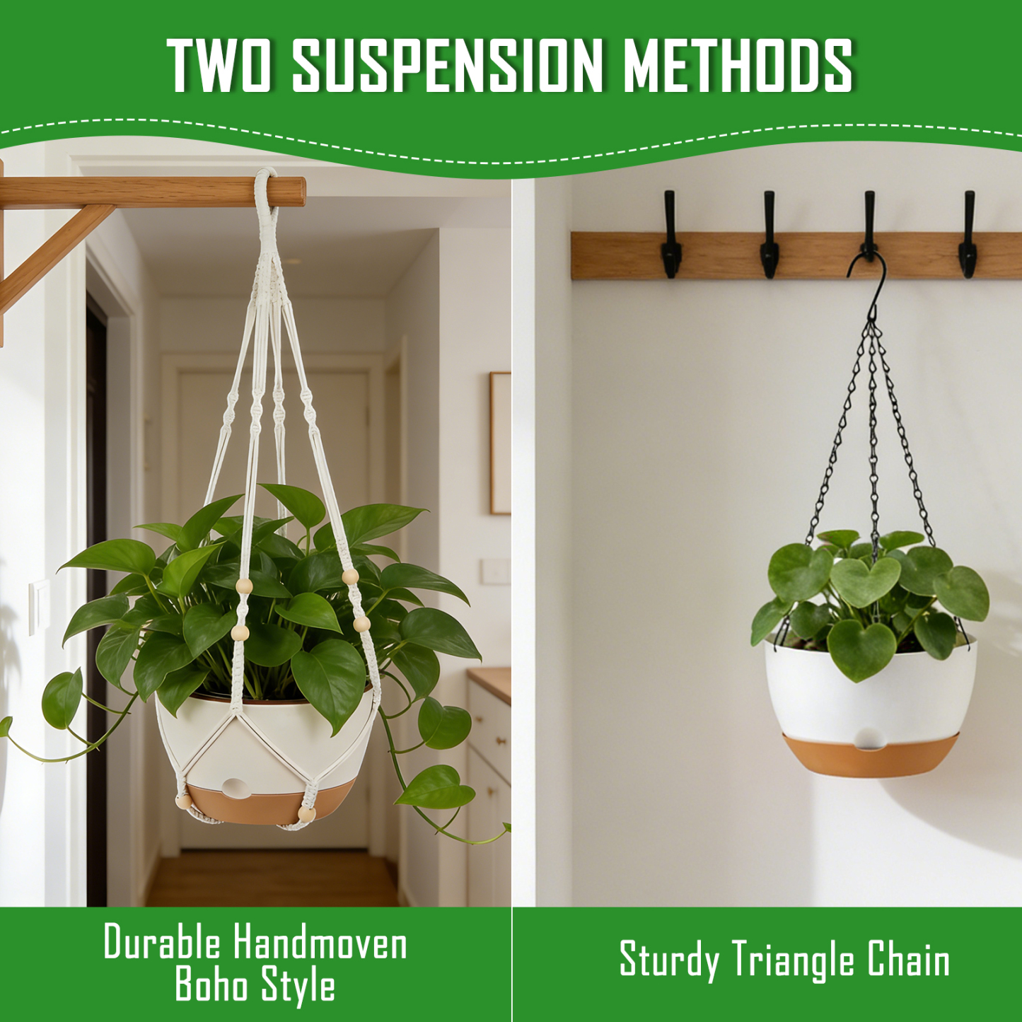urorentea 3 Pack Self-Watering Hanging Planters, 10＋10＋8 Hanging Plant Pots with Macrame Hangers, Ceiling Hooks, Removable Saucer and Drainage Holes for Indoor & Outdoor Plants