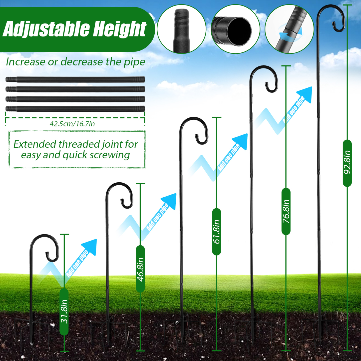 urorentea 2 Pack 92" Shepherds Hooks for Outdoor, 4 Hook Bird Feeder Poles, Heavy Duty Shepherds Hooks with 5 Prongs Base, Adjustable Garden Hook for Hanging Plant, Bird Feeders