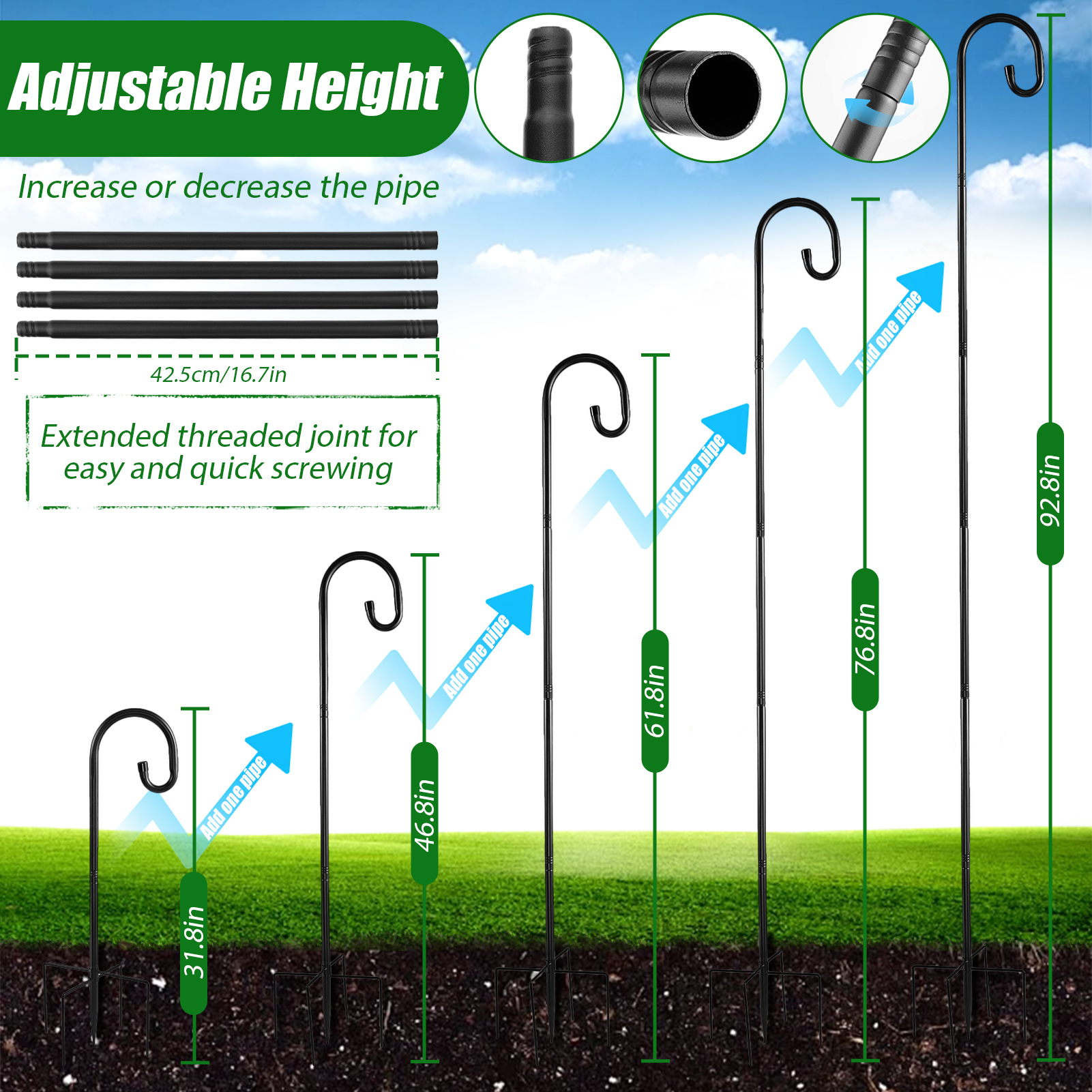 urorentea 2 Pack 92" Shepherds Hooks for Outdoor, 4 Hook Bird Feeder Poles, Heavy Duty Shepherds Hooks with 5 Prongs Base, Adjustable Garden Hook for Hanging Plant, Bird Feeders