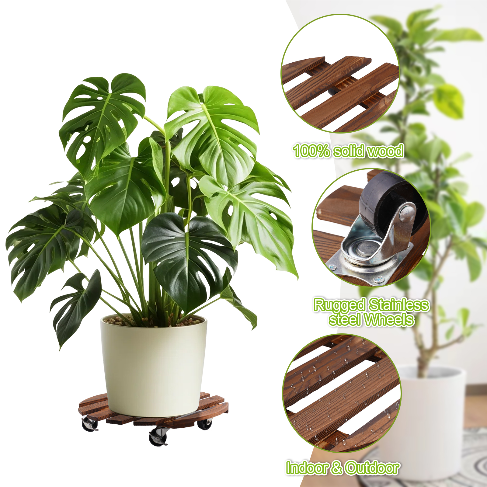 urorentea 2 Pack 14inch Wooden Plant Caddy with 4 Wheels, Heavy Duty Round Plant Dolly Rollers with Lockable Casters for Outdoor Indoor, Rolling Plant Stand for Large Plant Pots, Flower Pot, Patio