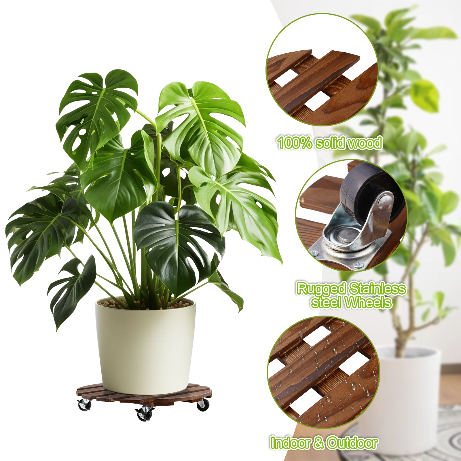 urorentea 2 Pack 12inch Wooden Plant Caddy with 5 Wheels, Rolling Plant Stand with 360° Caster Wheels, Thicken Wood Plant Dolly for Indoor Outdoor, Round Plant Rollers Tray for Large Plants & Pots