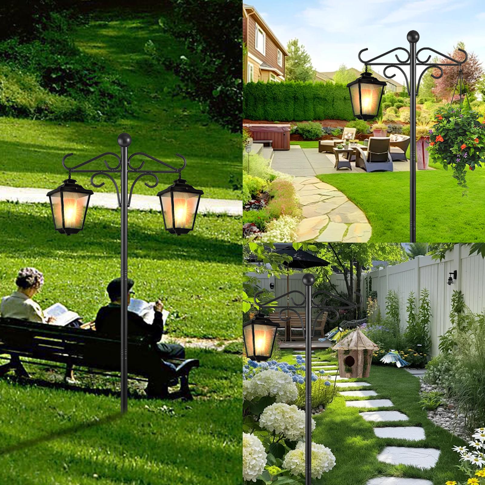 urorentea 2 Pack 108" Double Shepherds Hooks for Outdoor, Heavy Duty Bird Feeder Pole with 5 Prong Base, Thickened Shepherd Hook for Hanging Plants, Hummingbird Feeder, Lanterns