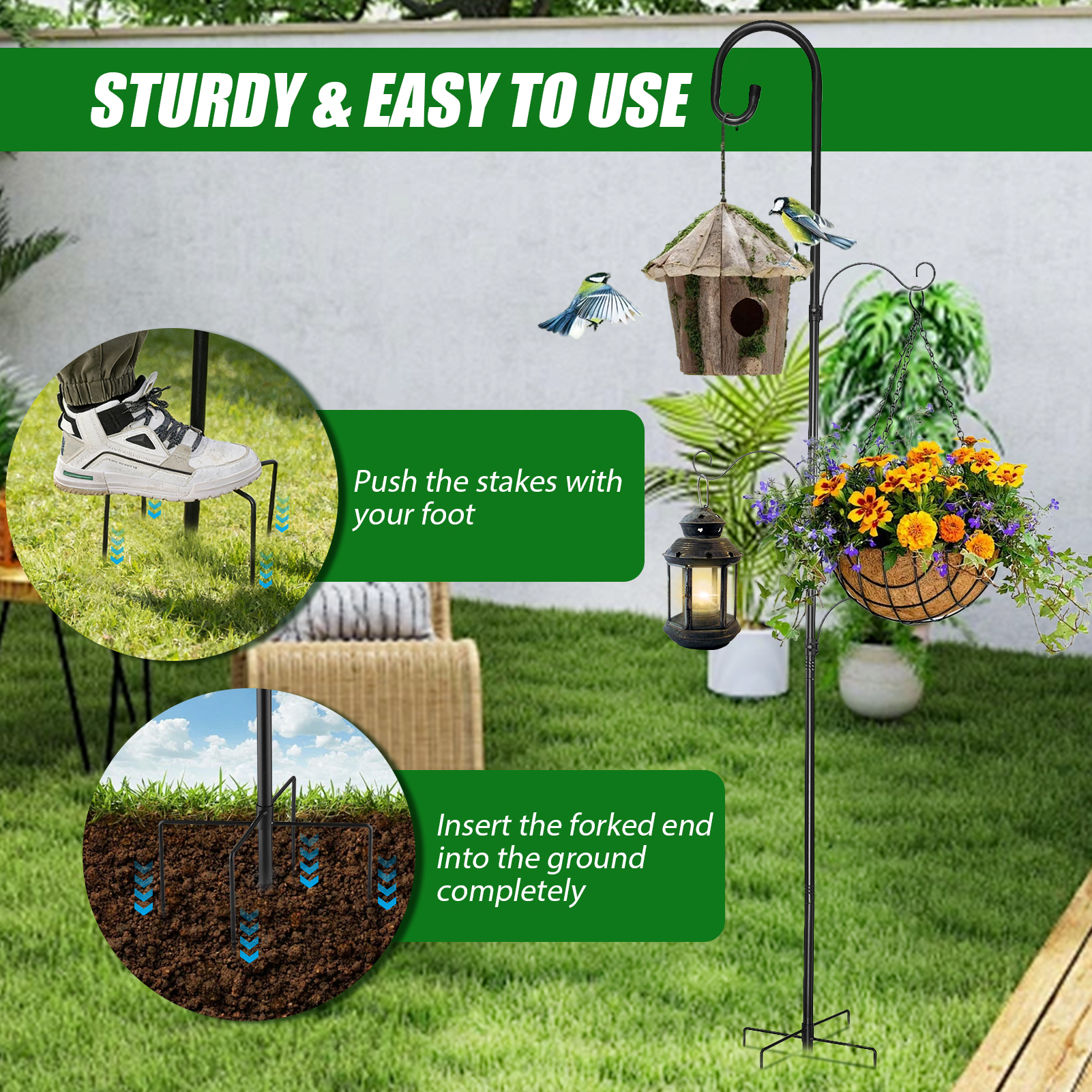 urorentea 2 Pack 92" Shepherds Hooks for Outdoor, 4 Hook Bird Feeder Poles, Heavy Duty Shepherds Hooks with 5 Prongs Base, Adjustable Garden Hook for Hanging Plant, Bird Feeders