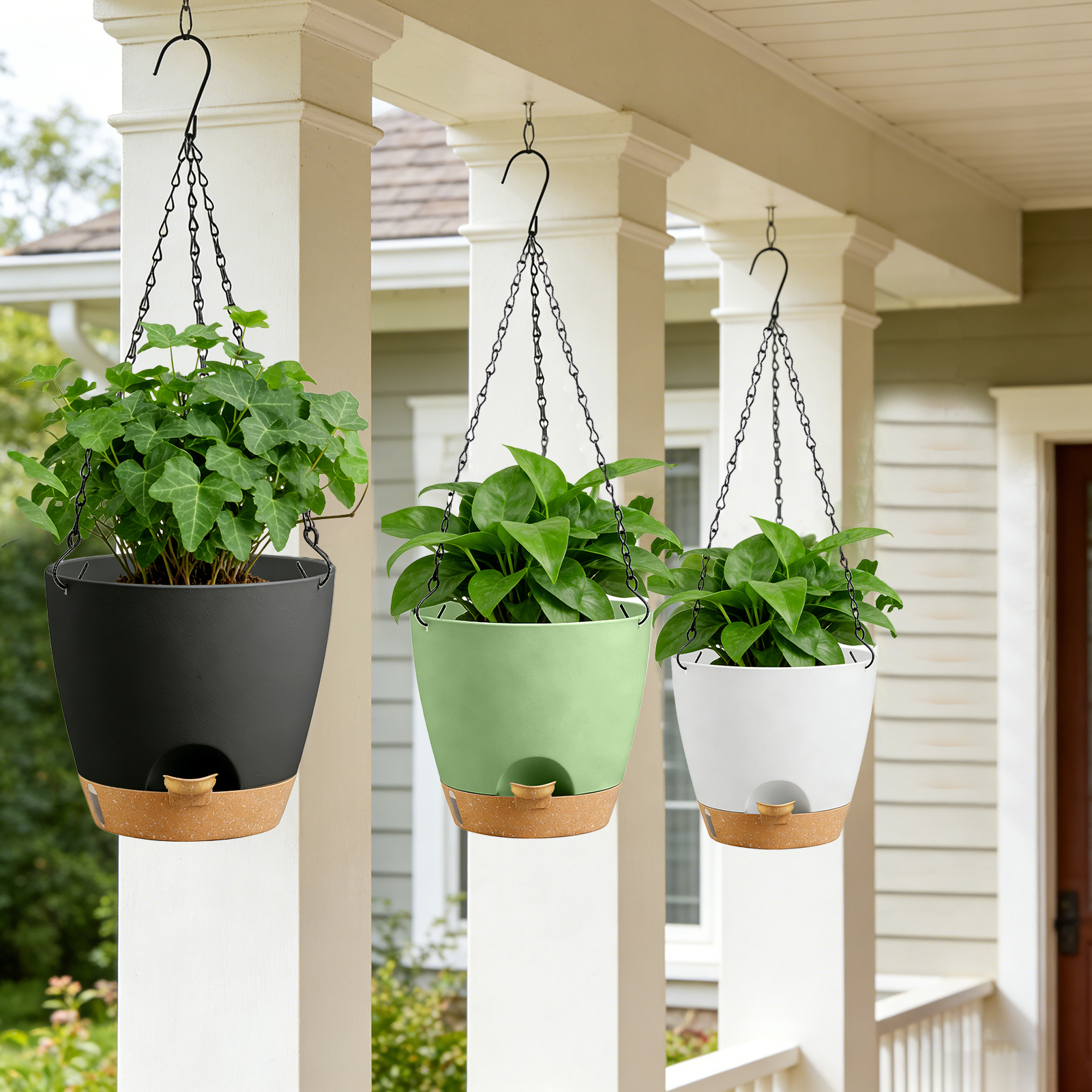 urorentea 3 Pack 8 Inch Self-Watering Hanging Planters, with Visible and Removable Saucer, Watering Lip, Drainage Holes, Hanging Flower Pot for Indoor&Outdoor Plants