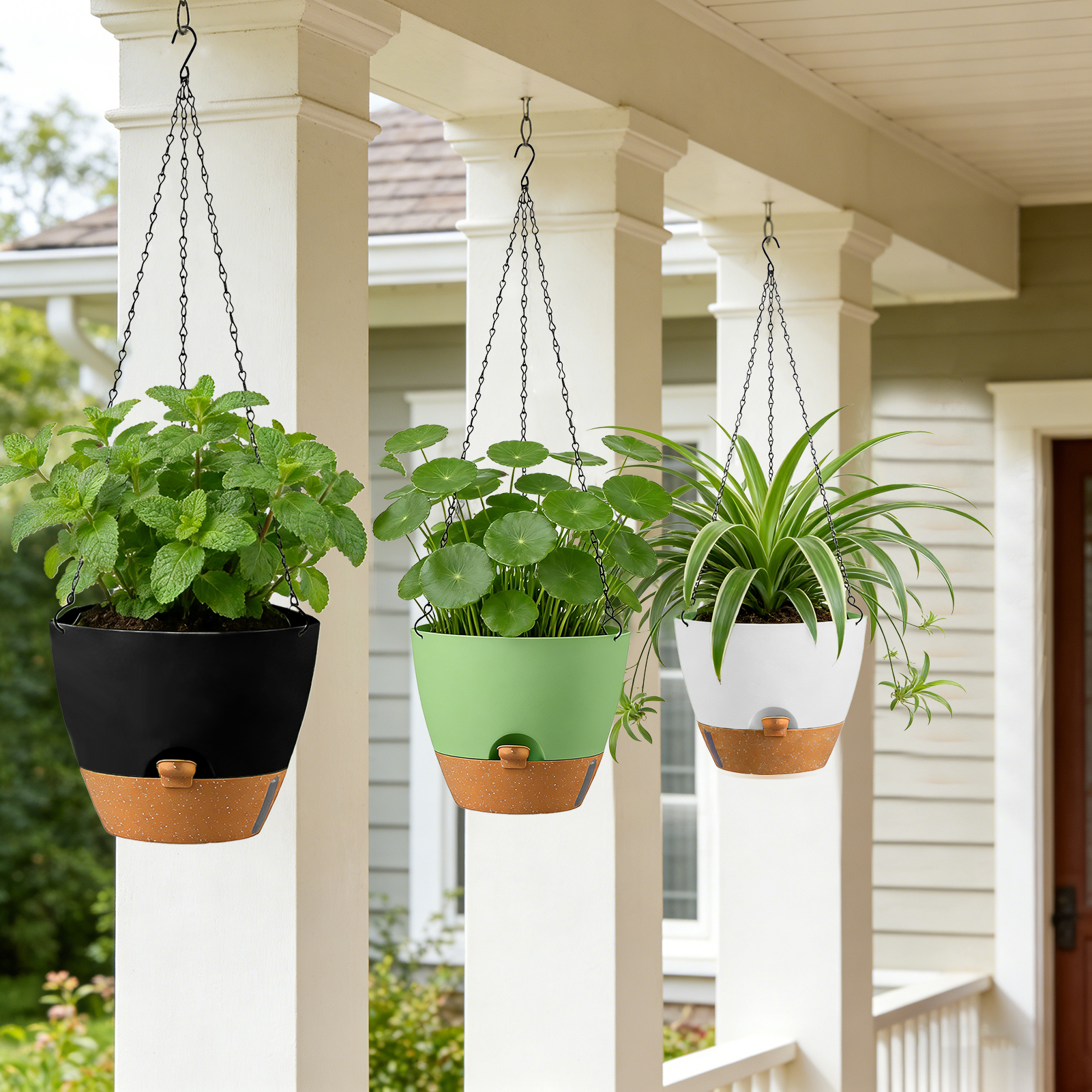 urorentea 3 Pack 10 Inch Self-Watering Hanging Planters, with Visible and Removable Saucer, Watering Lip, Drainage Holes, Hanging Flower Pot for Indoor&Outdoor Plants