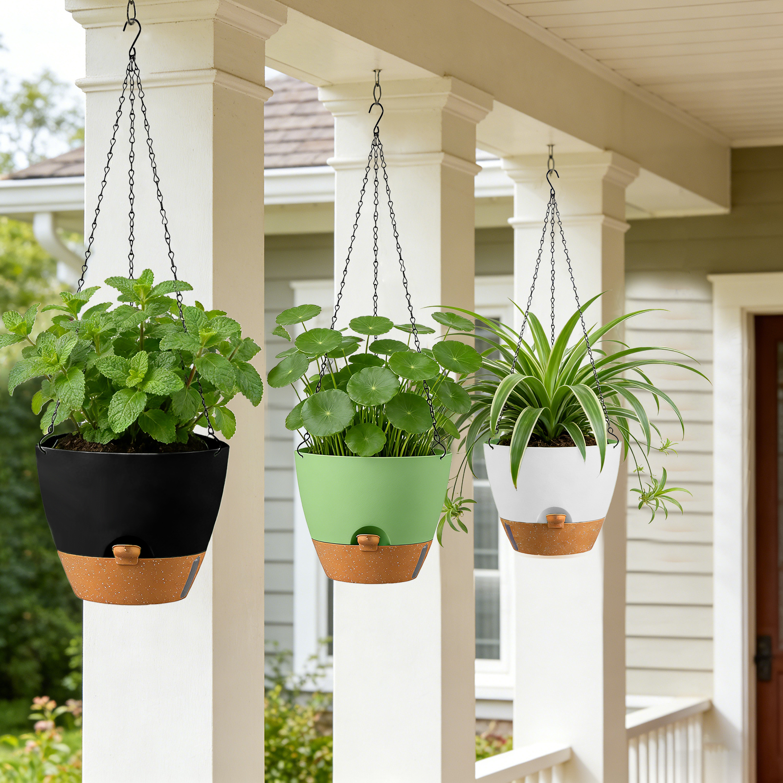 urorentea 3 Pack 10 Inch Self-Watering Hanging Planters, with Visible and Removable Saucer, Watering Lip, Drainage Holes, Hanging Flower Pot for Indoor&Outdoor Plants