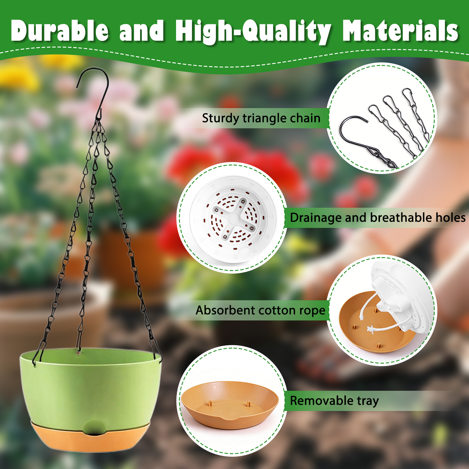urorentea 4 Pack 8" Self-Watering Hanging Planters with Drainage Holes & Removable Saucer, Hanging Flower Pots for Indoor Outdoor Plants