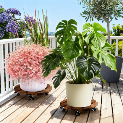 urorentea 2 Pack 14inch Wooden Plant Caddy with 4 Wheels, Heavy Duty Round Plant Dolly Rollers with Lockable Casters for Outdoor Indoor, Rolling Plant Stand for Large Plant Pots, Flower Pot, Patio