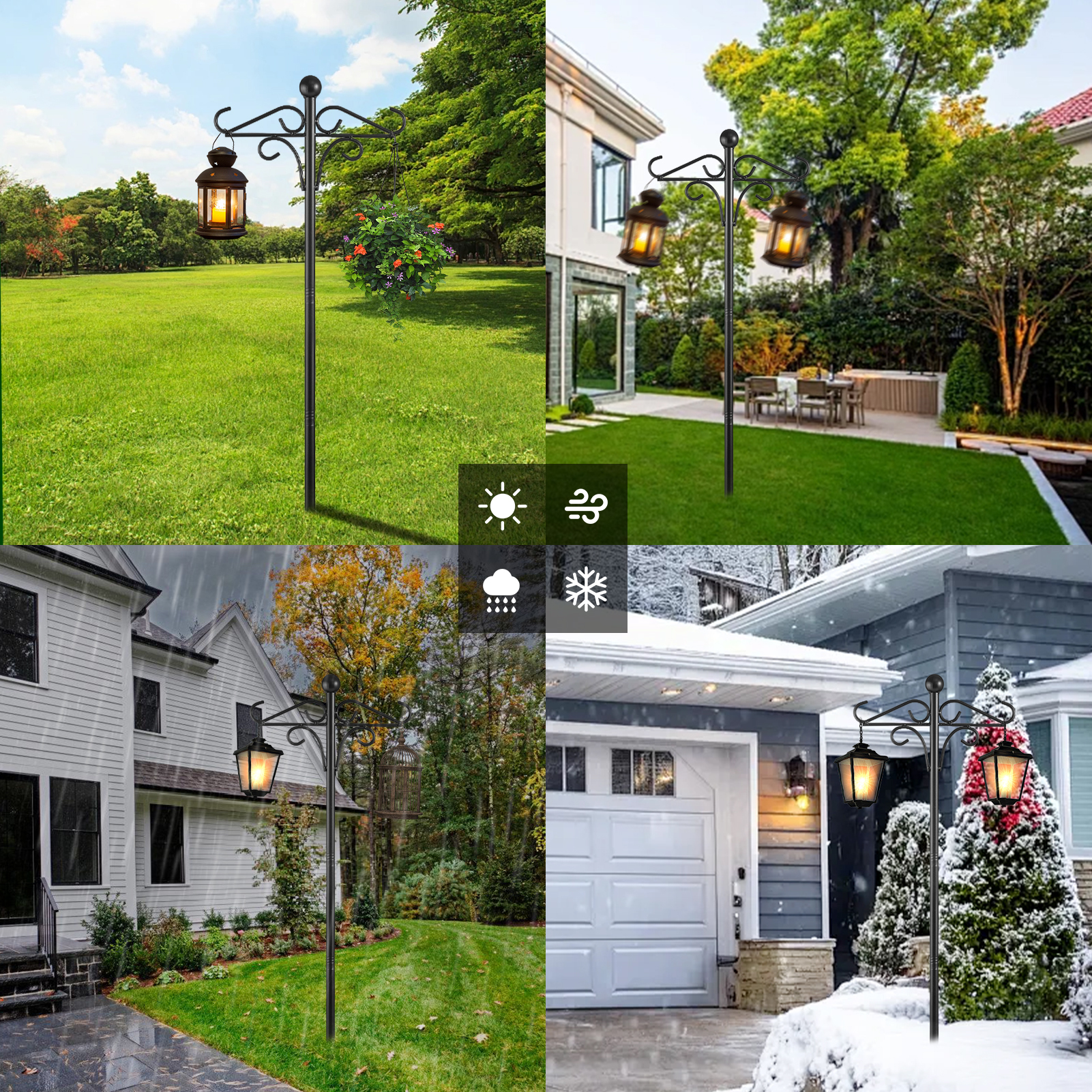 urorentea 2 Pack 108" Double Shepherds Hooks for Outdoor, Heavy Duty Bird Feeder Pole with 5 Prong Base, Thickened Shepherd Hook for Hanging Plants, Hummingbird Feeder, Lanterns