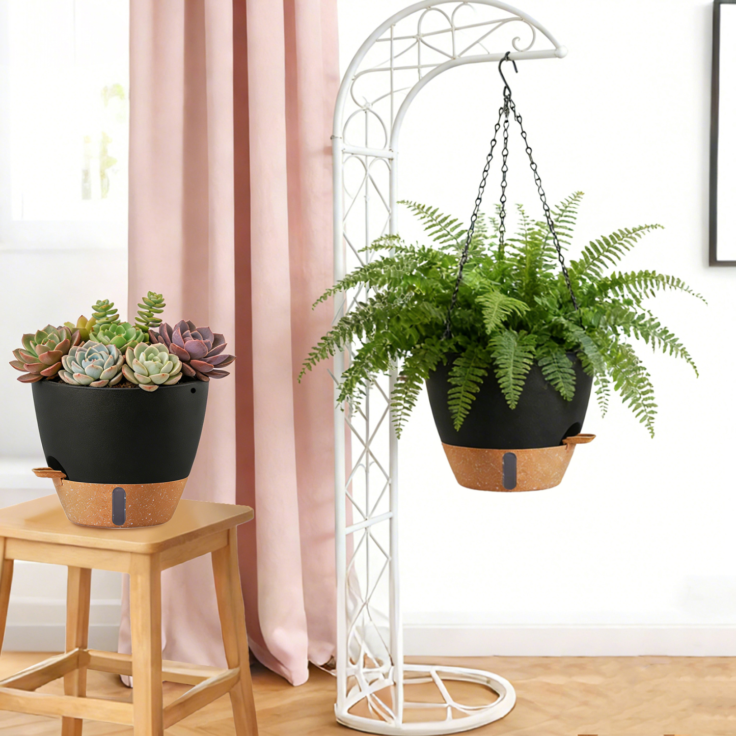 urorentea 2 Pack 10 Inch Self-Watering Hanging Planters, with Visible and Removable Saucer, Watering Lip, Drainage Holes, Hanging Flower Pot for Indoor&Outdoor Plants