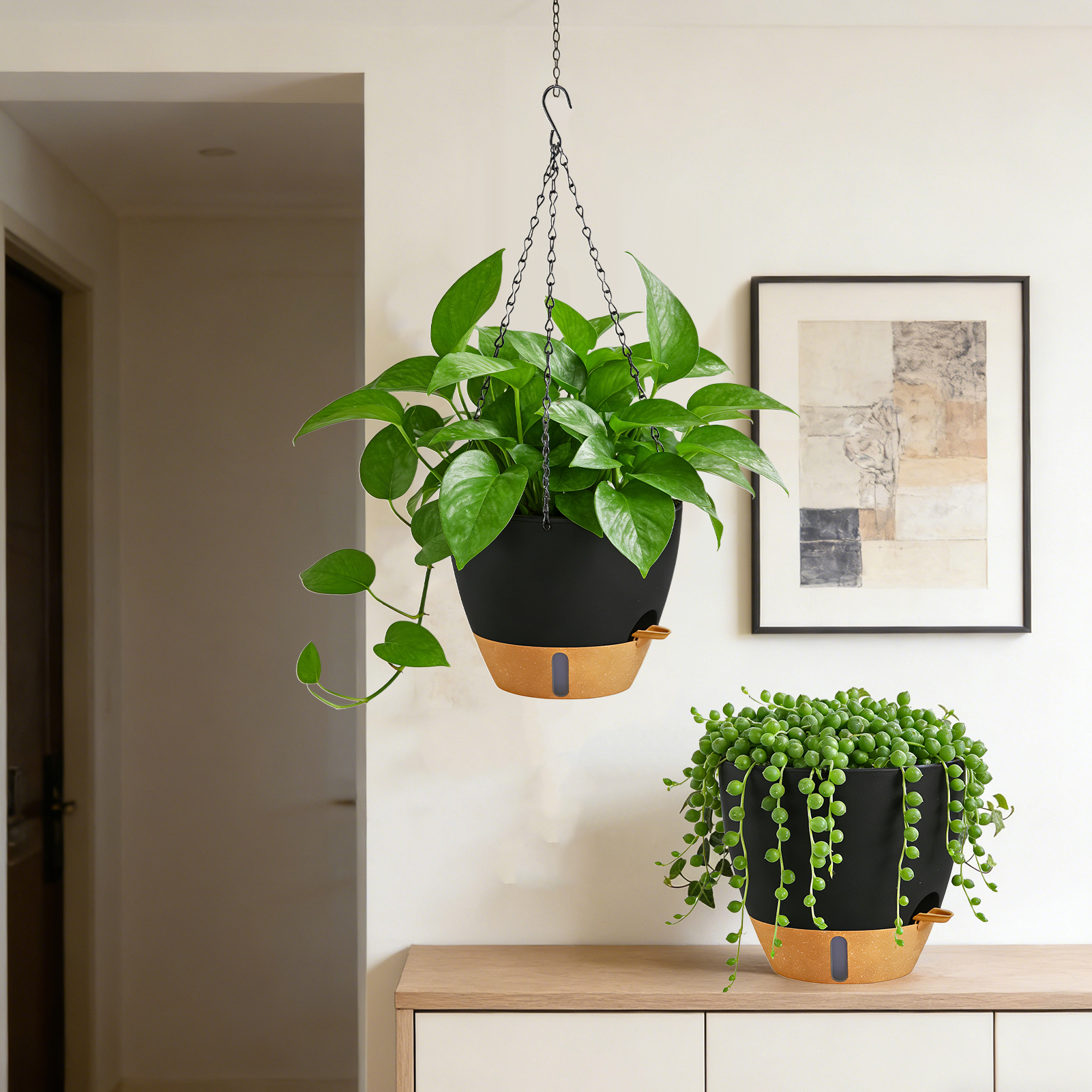 urorentea 2 Pack 12 Inch Self-Watering Hanging Planters, with Visible and Removable Saucer, Watering Lip, Drainage Holes, Hanging Flower Pot for Indoor&Outdoor Plants