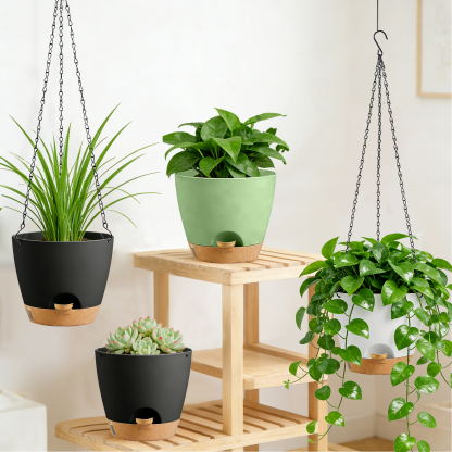 urorentea 3 Pack 8 Inch Self-Watering Hanging Planters, with Visible and Removable Saucer, Watering Lip, Drainage Holes, Hanging Flower Pot for Indoor&Outdoor Plants
