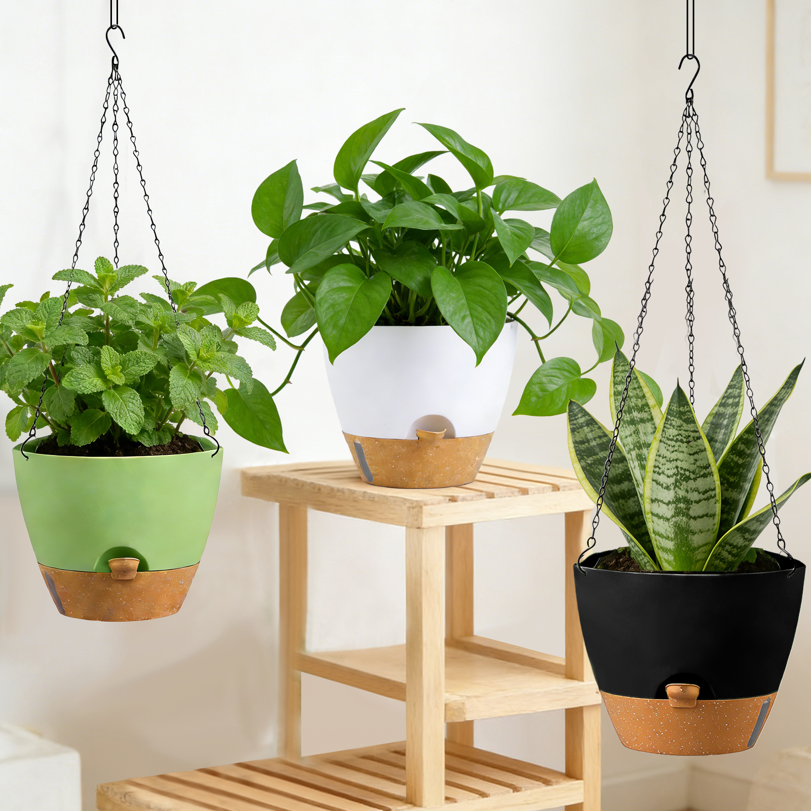 urorentea 3 Pack 10 Inch Self-Watering Hanging Planters, with Visible and Removable Saucer, Watering Lip, Drainage Holes, Hanging Flower Pot for Indoor&Outdoor Plants