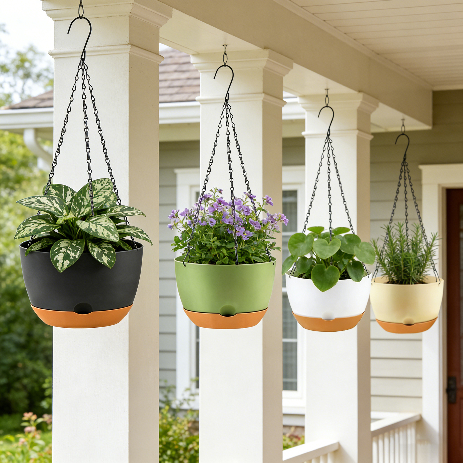 urorentea 4 Pack 8" Self-Watering Hanging Planters with Drainage Holes & Removable Saucer, Hanging Flower Pots for Indoor Outdoor Plants