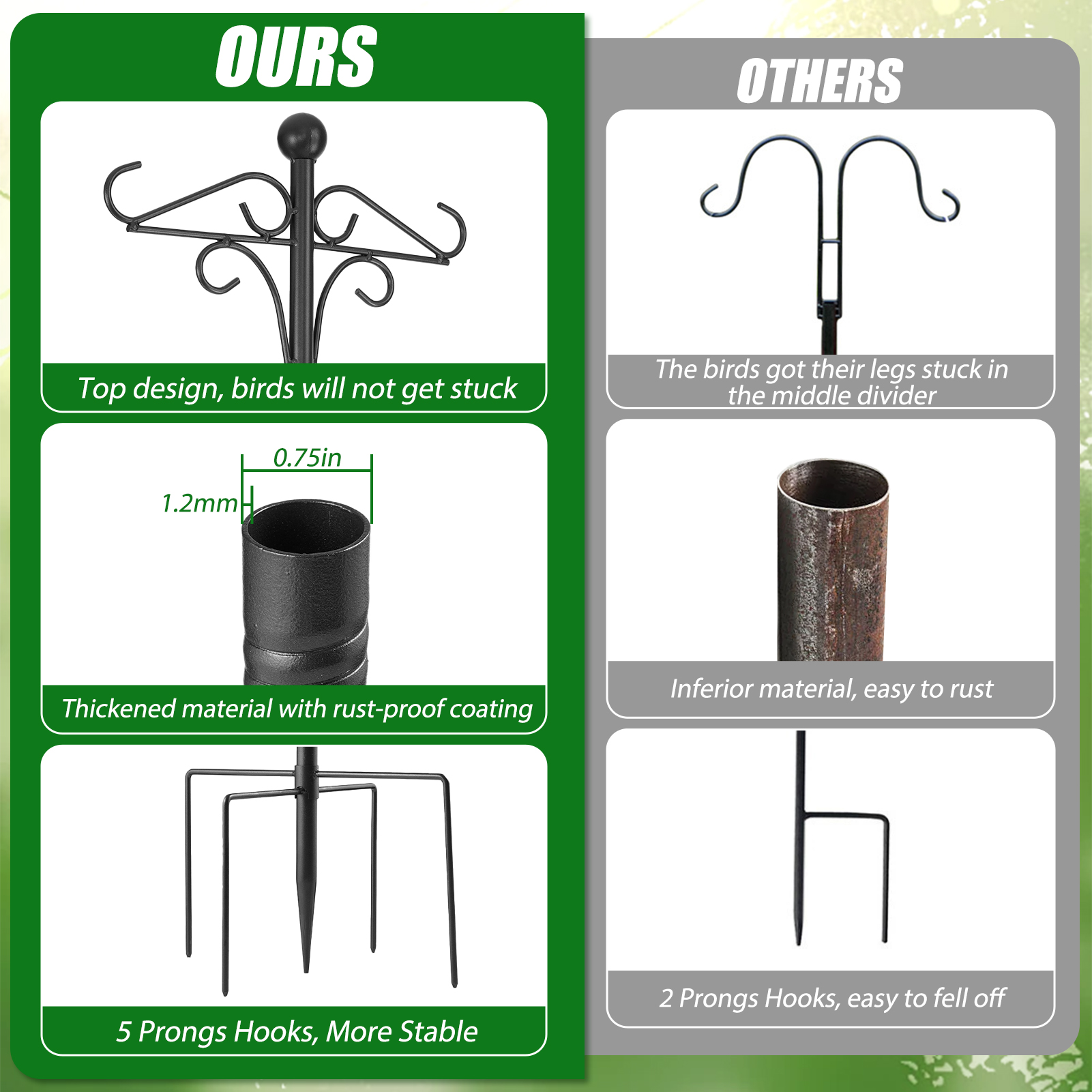 urorentea 2 Pack 108" Double Shepherds Hooks for Outdoor, Heavy Duty Bird Feeder Pole with 5 Prong Base, Thickened Shepherd Hook for Hanging Plants, Hummingbird Feeder, Lanterns