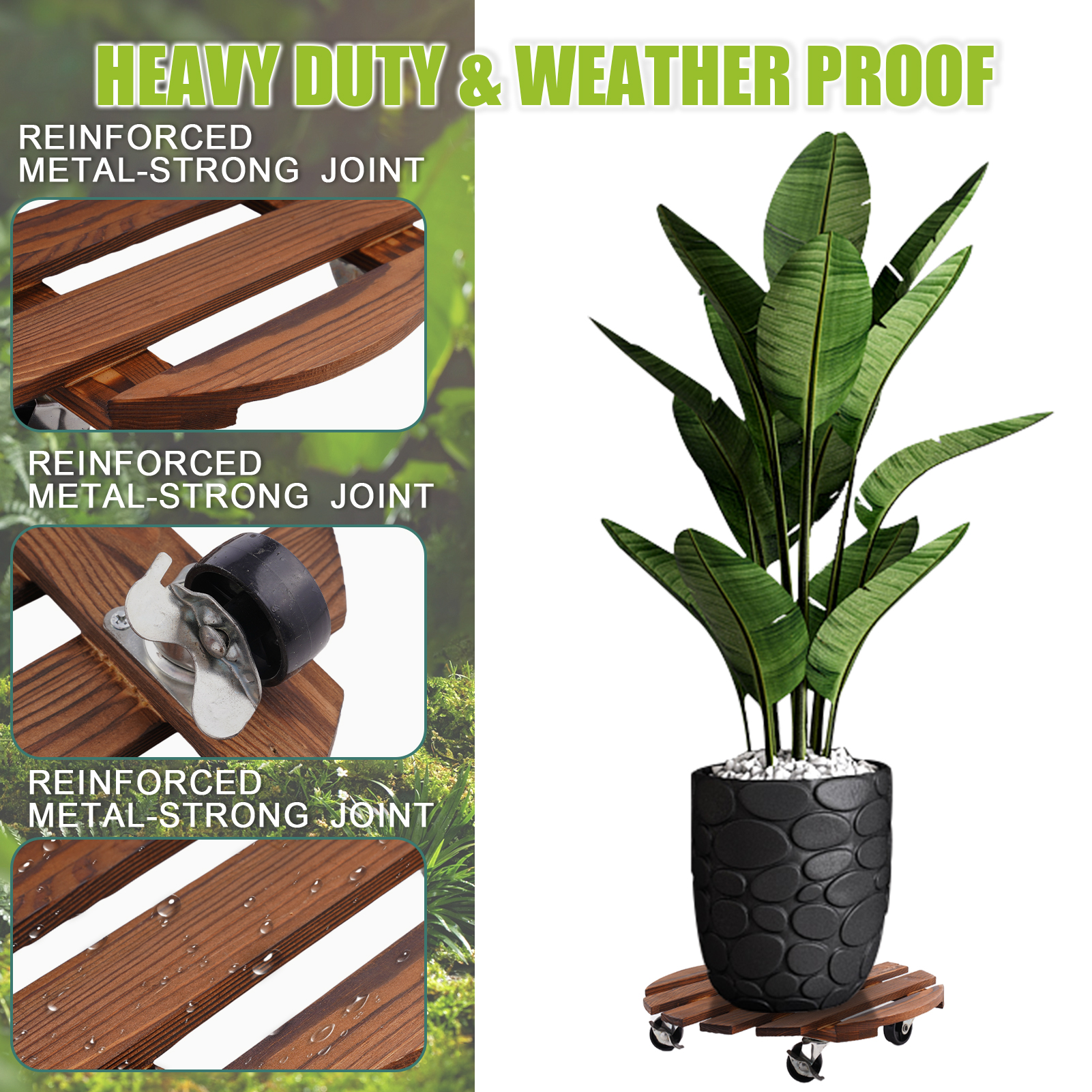 urorentea 2 Pack 14inch Wooden Plant Caddy with 4 Wheels, Heavy Duty Round Plant Dolly Rollers with Lockable Casters for Outdoor Indoor, Rolling Plant Stand for Large Plant Pots, Flower Pot, Patio