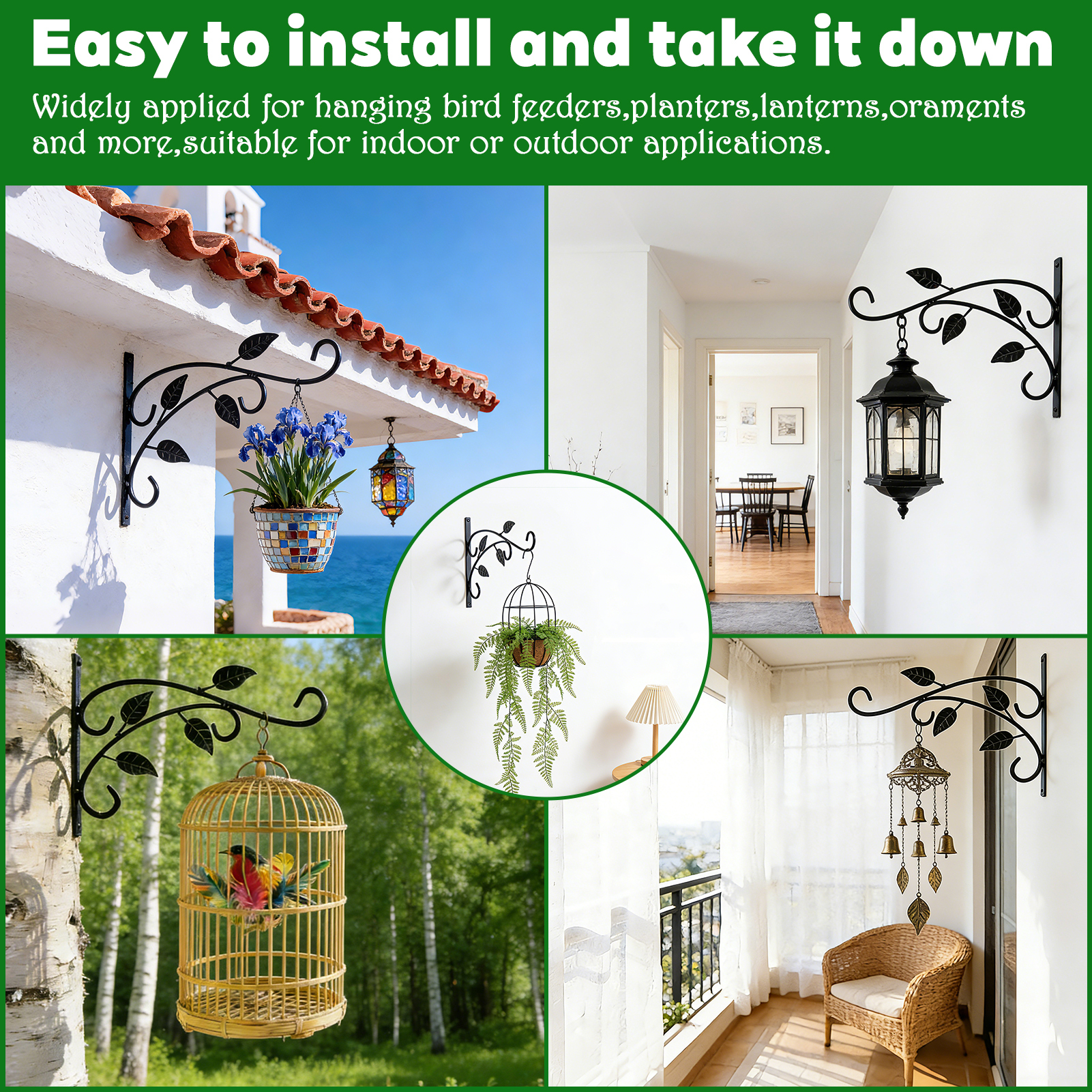 urorentea 4 Pcs Metal Hanging Plant Bracket, 12 inch Iron Wall Mount Bracket, Bold Rust-Resistant Leaf Black Plant Hanger Hook for Hanging Plants Bird Feeder Lantern Wind Chimes