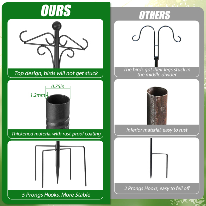 urorentea 2 Pack 108" Double Shepherds Hooks for Outdoor, Heavy Duty Bird Feeder Pole with 5 Prong Base, Thickened Shepherd Hook for Hanging Plants, Hummingbird Feeder, Lanterns