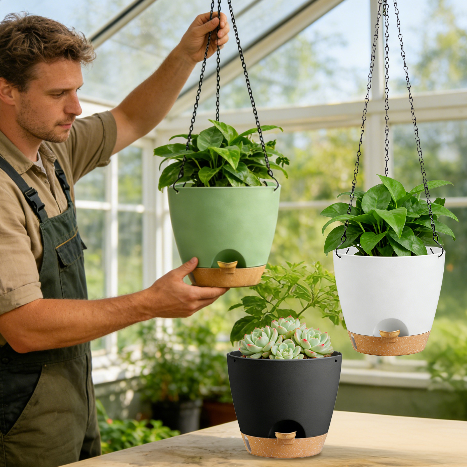 urorentea 3 Pack 8 Inch Self-Watering Hanging Planters, with Visible and Removable Saucer, Watering Lip, Drainage Holes, Hanging Flower Pot for Indoor&Outdoor Plants